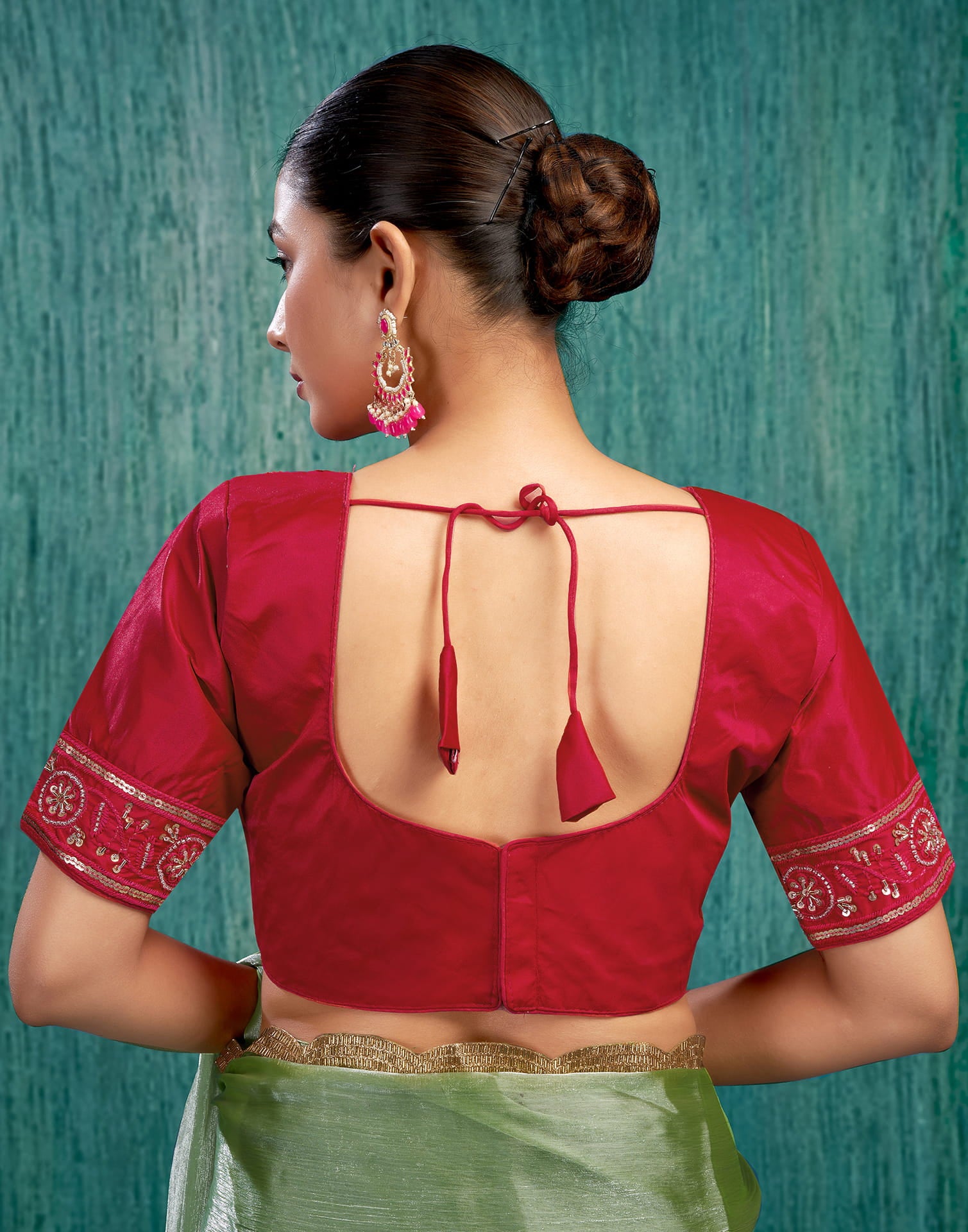 Red Silk Plain Embroidery Blouse