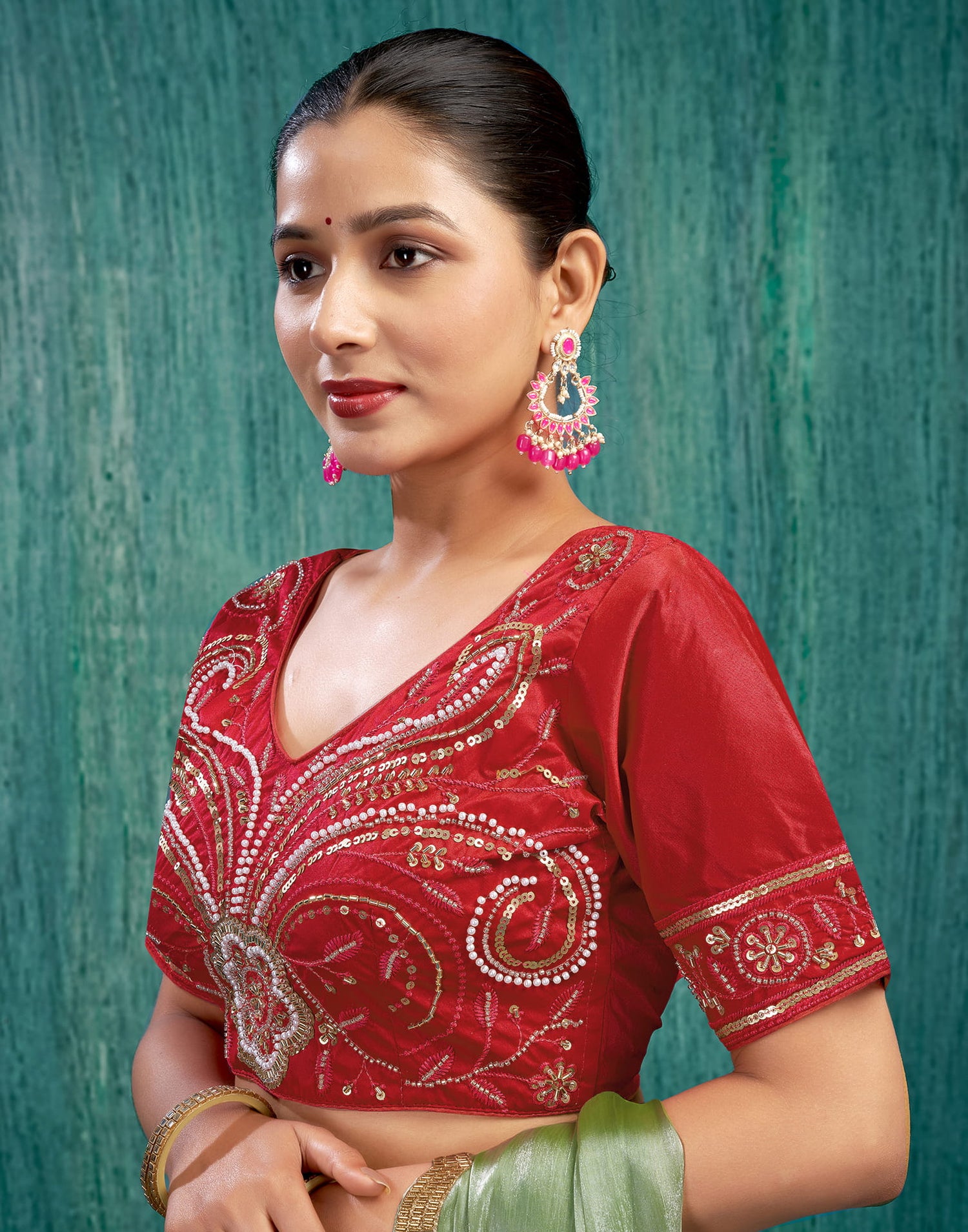 Red Silk Plain Embroidery Blouse