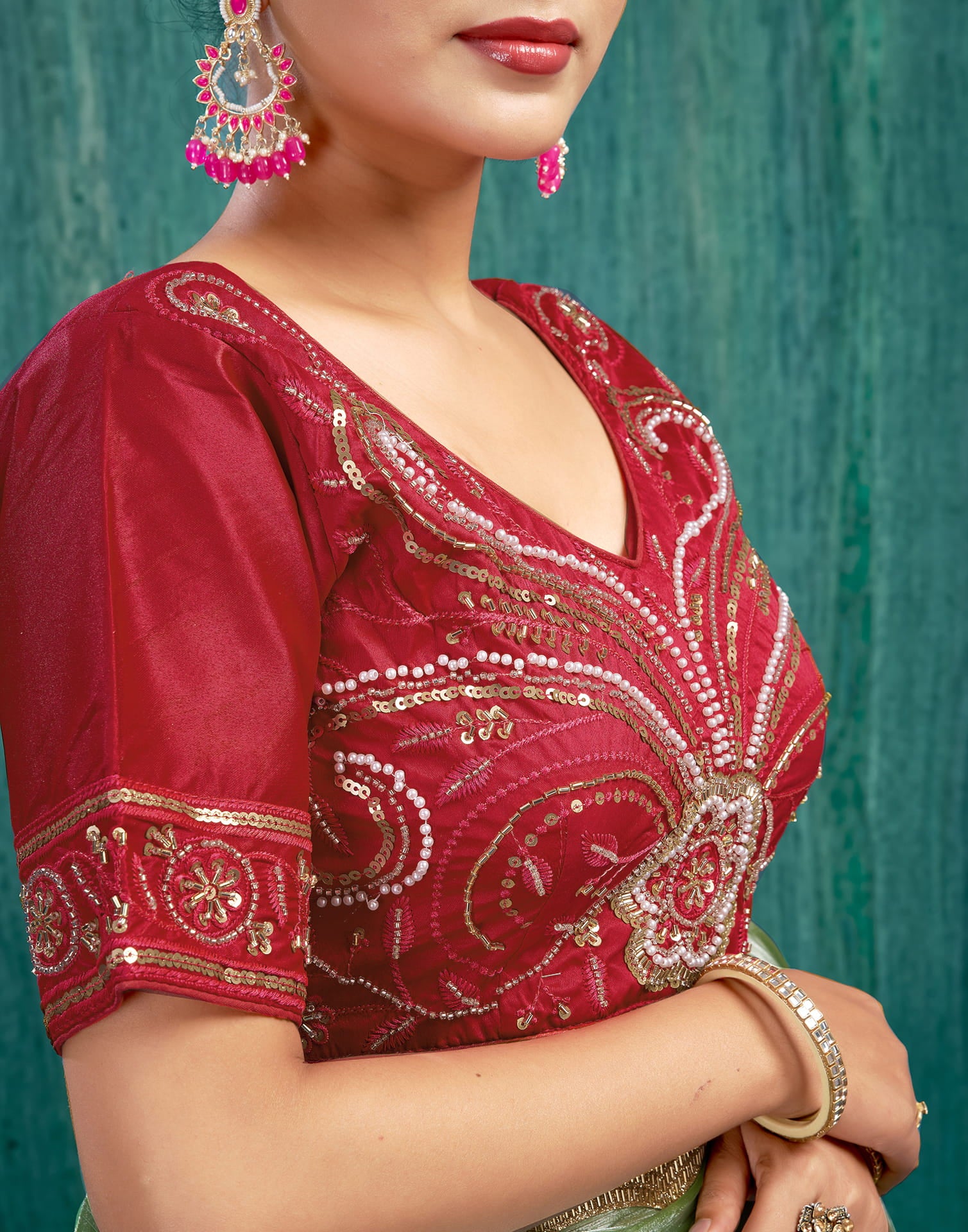 Red Silk Plain Embroidery Blouse