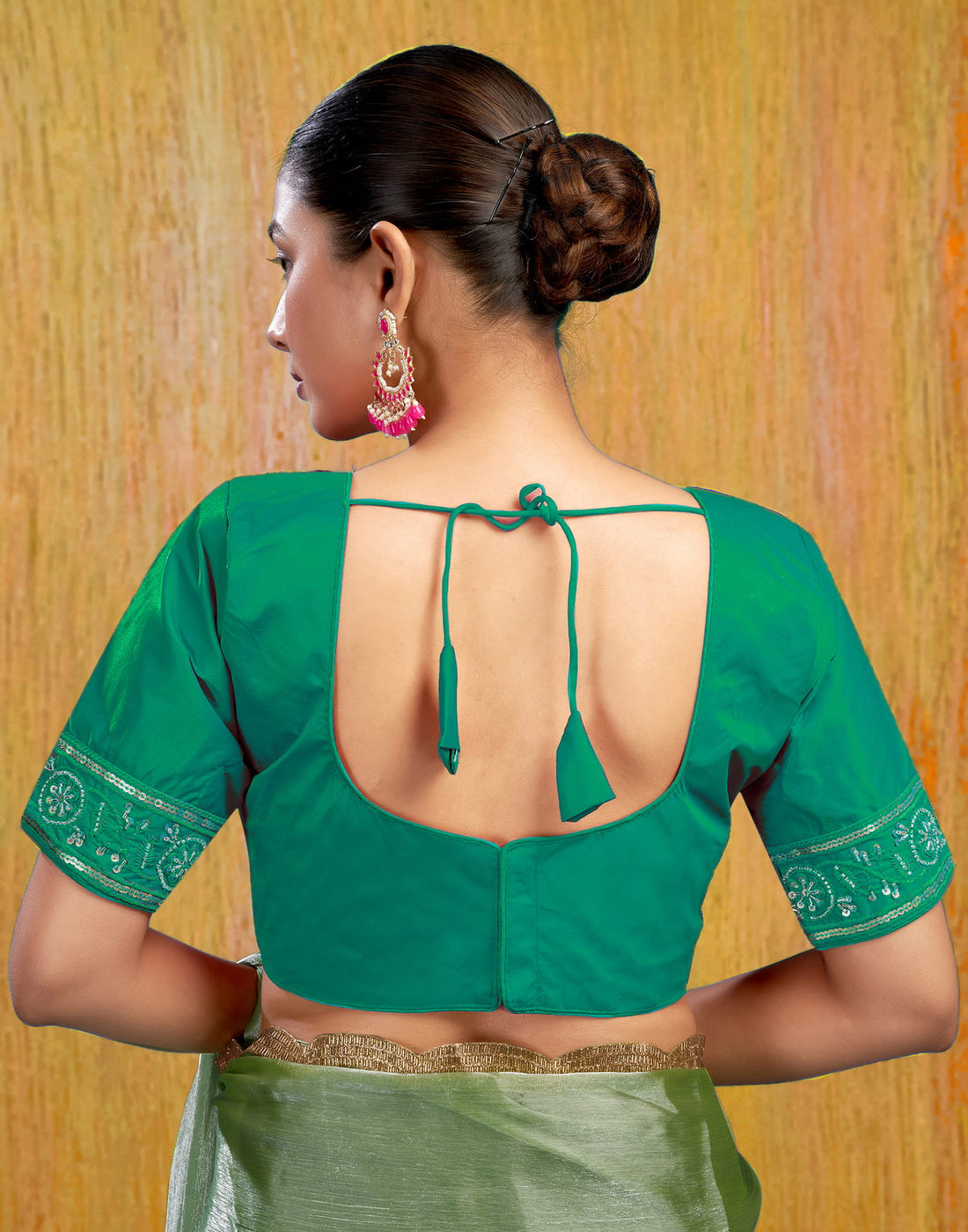 Teal Green Silk Plain Embroidery Blouse