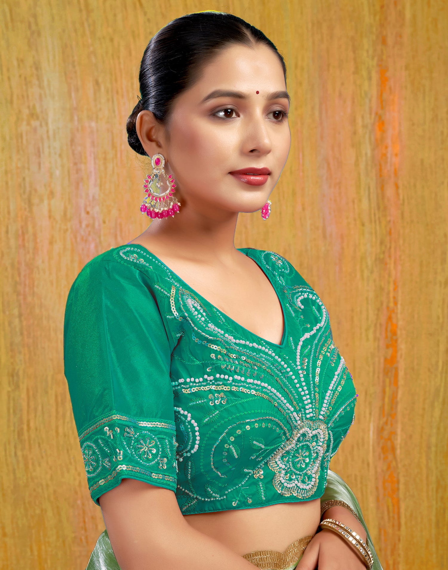 Teal Green Silk Plain Embroidery Blouse