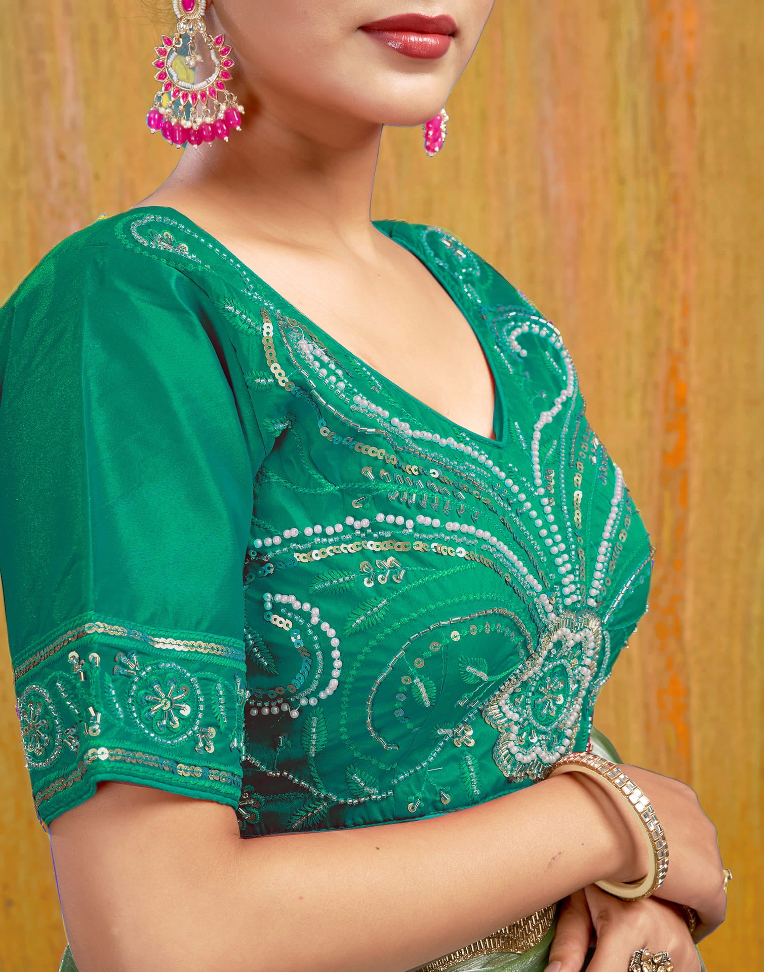 Teal Green Silk Plain Embroidery Blouse