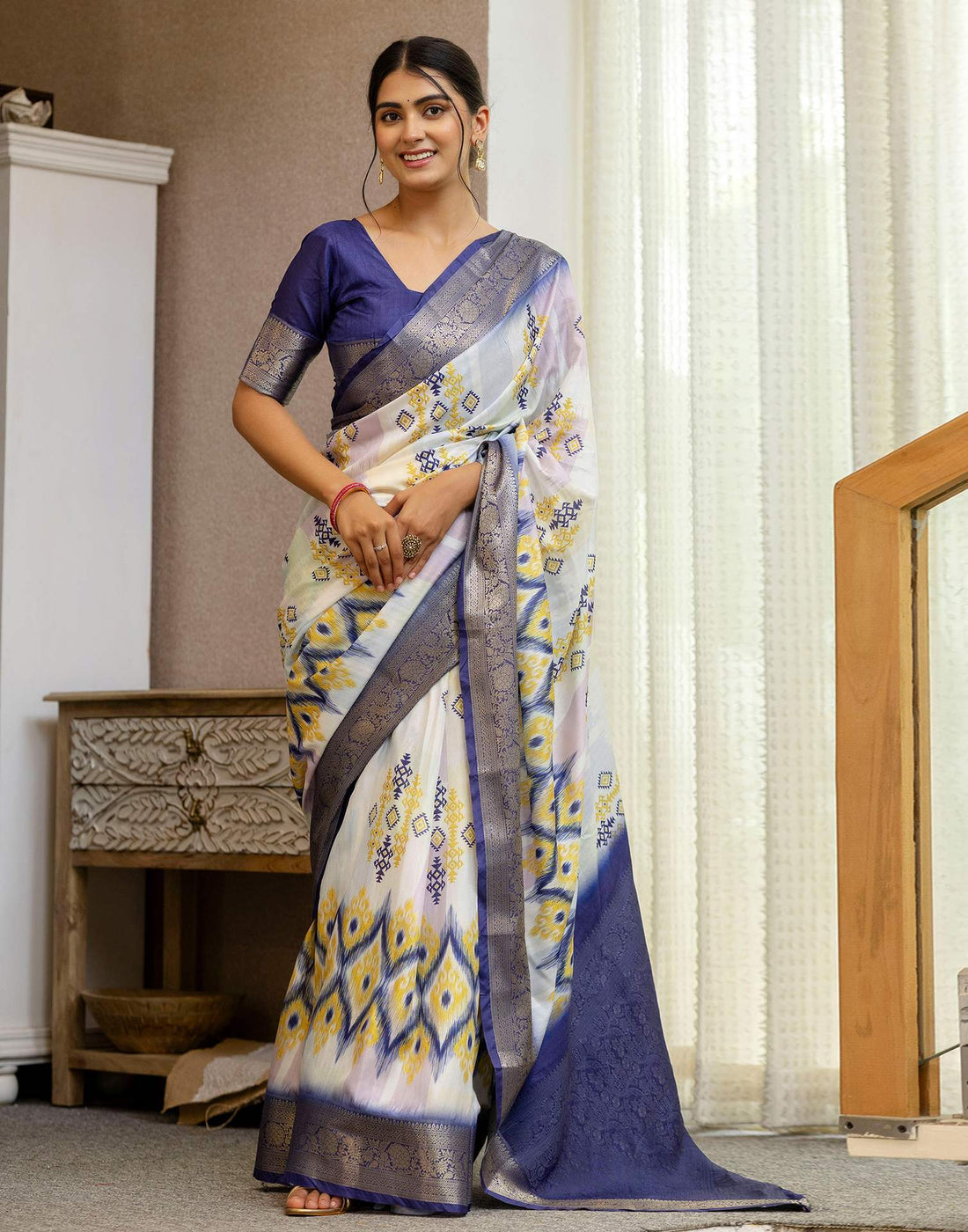 Ready To Wear Off White Silk Printed Saree