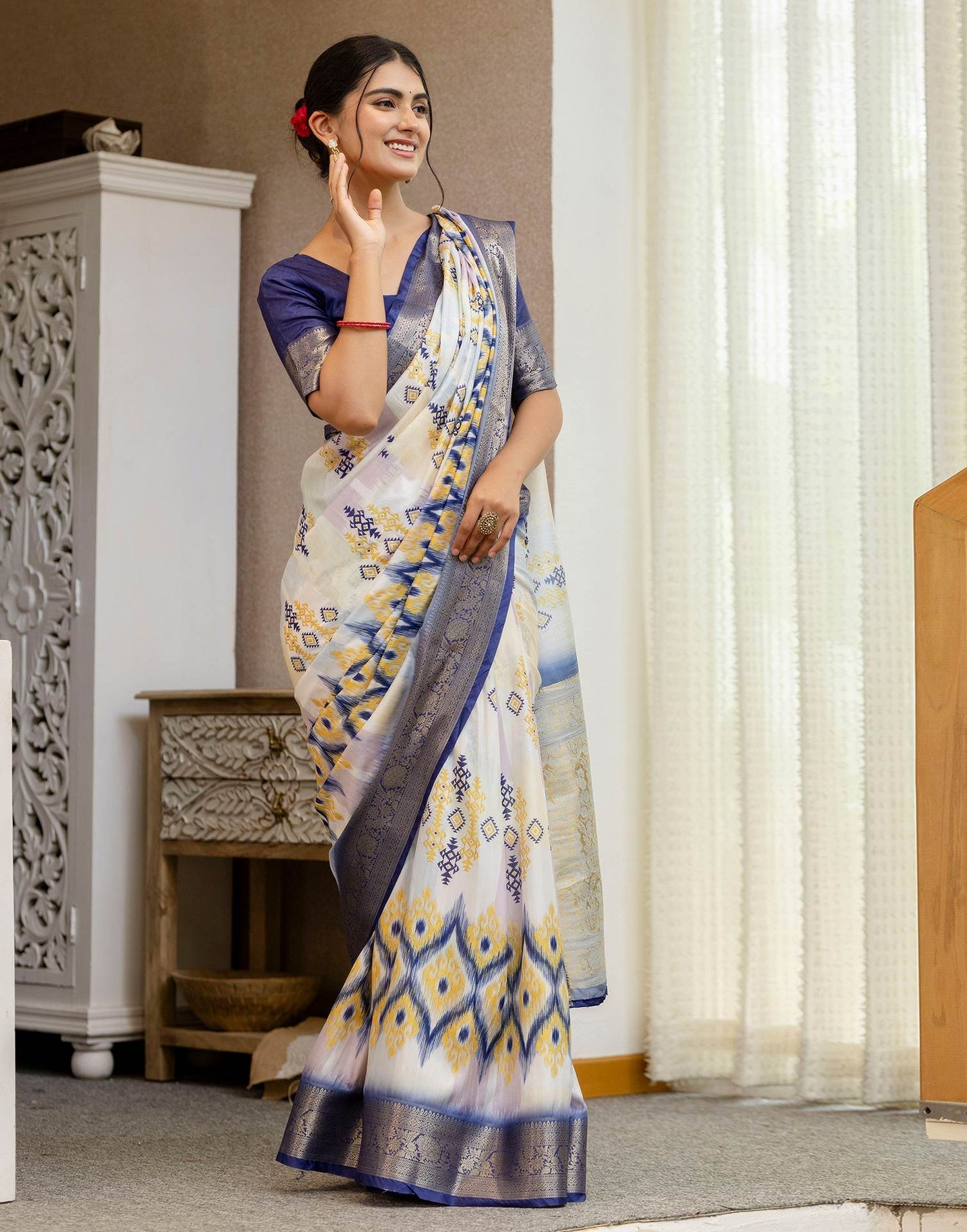 Ready To Wear Off White Silk Printed Saree