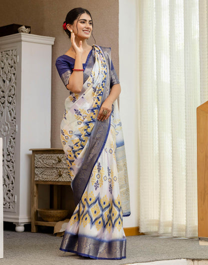 Ready To Wear Off White Silk Printed Saree