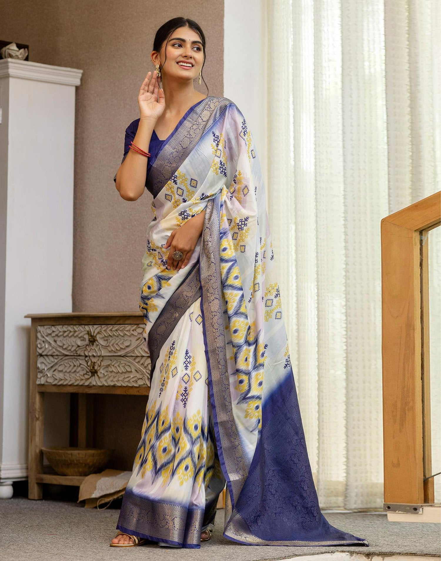 Ready To Wear Off White Silk Printed Saree