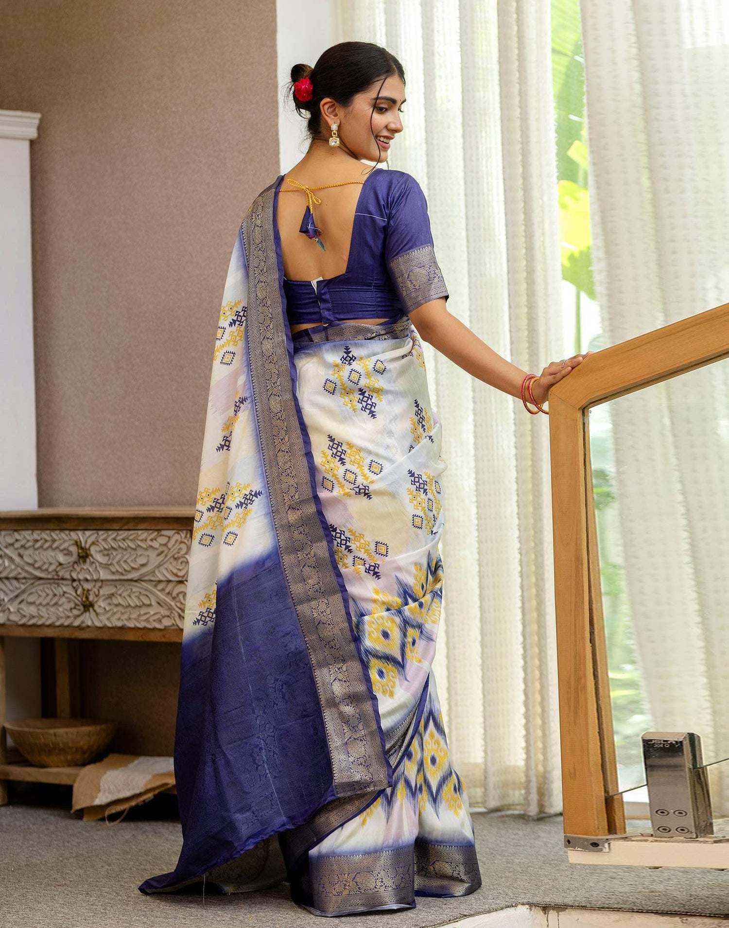 Ready To Wear Off White Silk Printed Saree