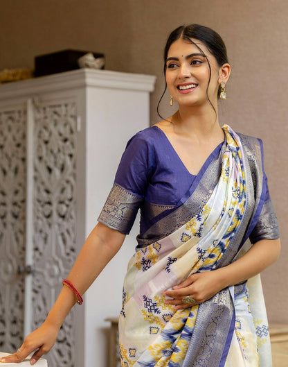 Ready To Wear Off White Silk Printed Saree