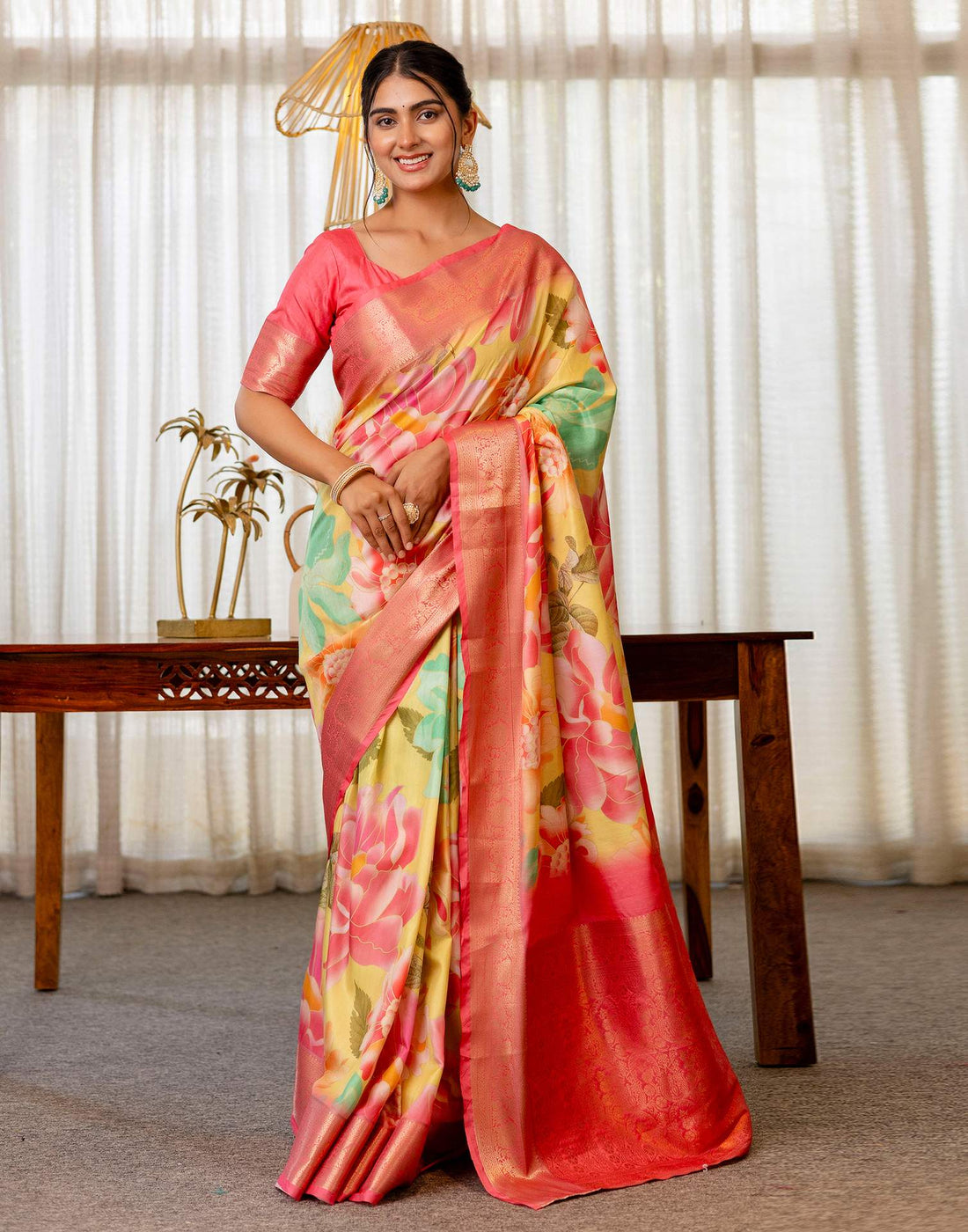 Ready To Wear Lime Green Silk Printed Saree