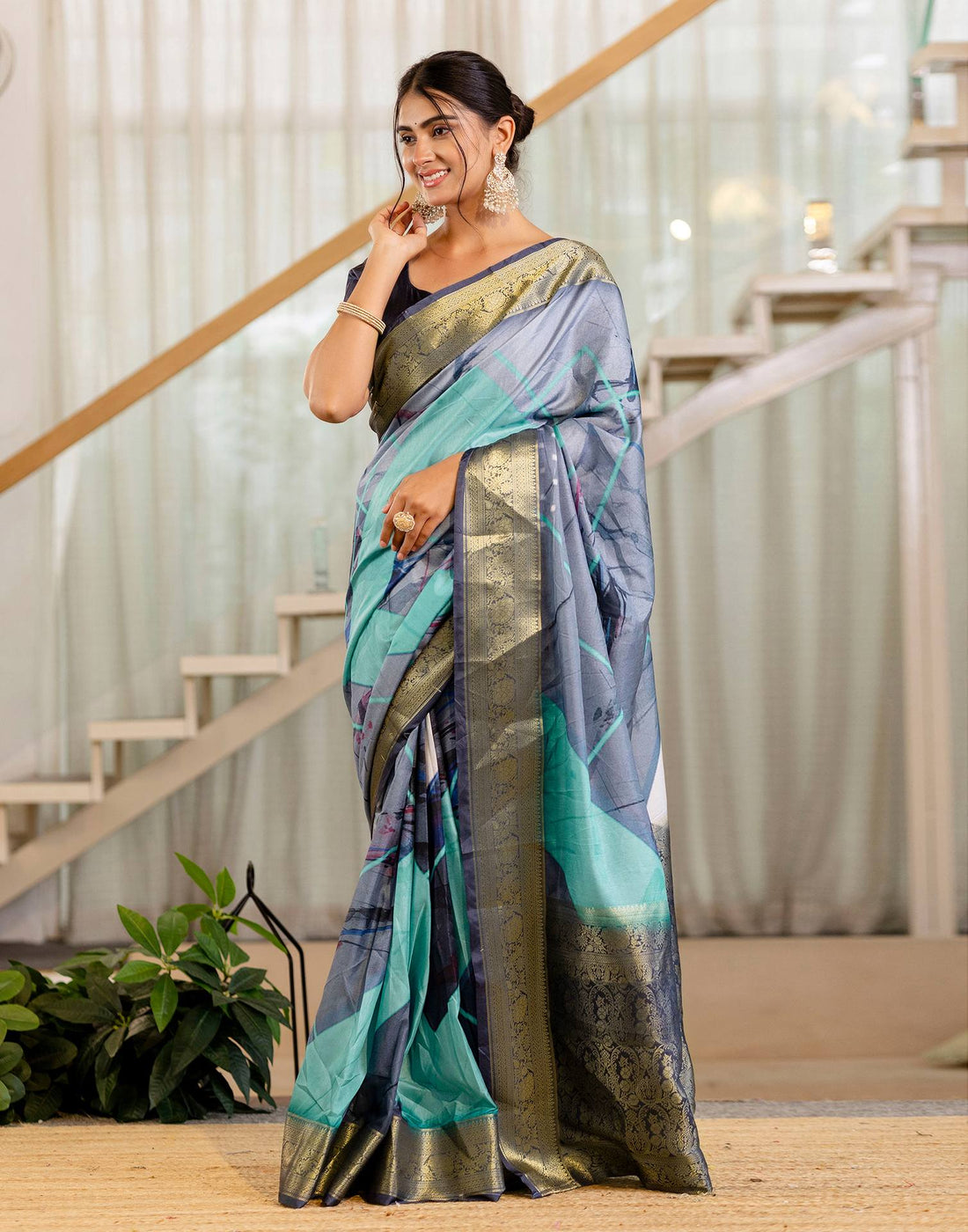 Ready To Wear Grey Silk Printed Saree