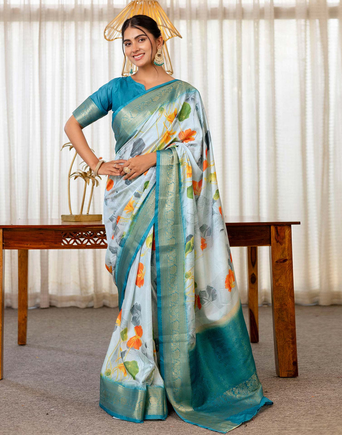 Ready To Wear Aqua Blue Silk Printed Saree