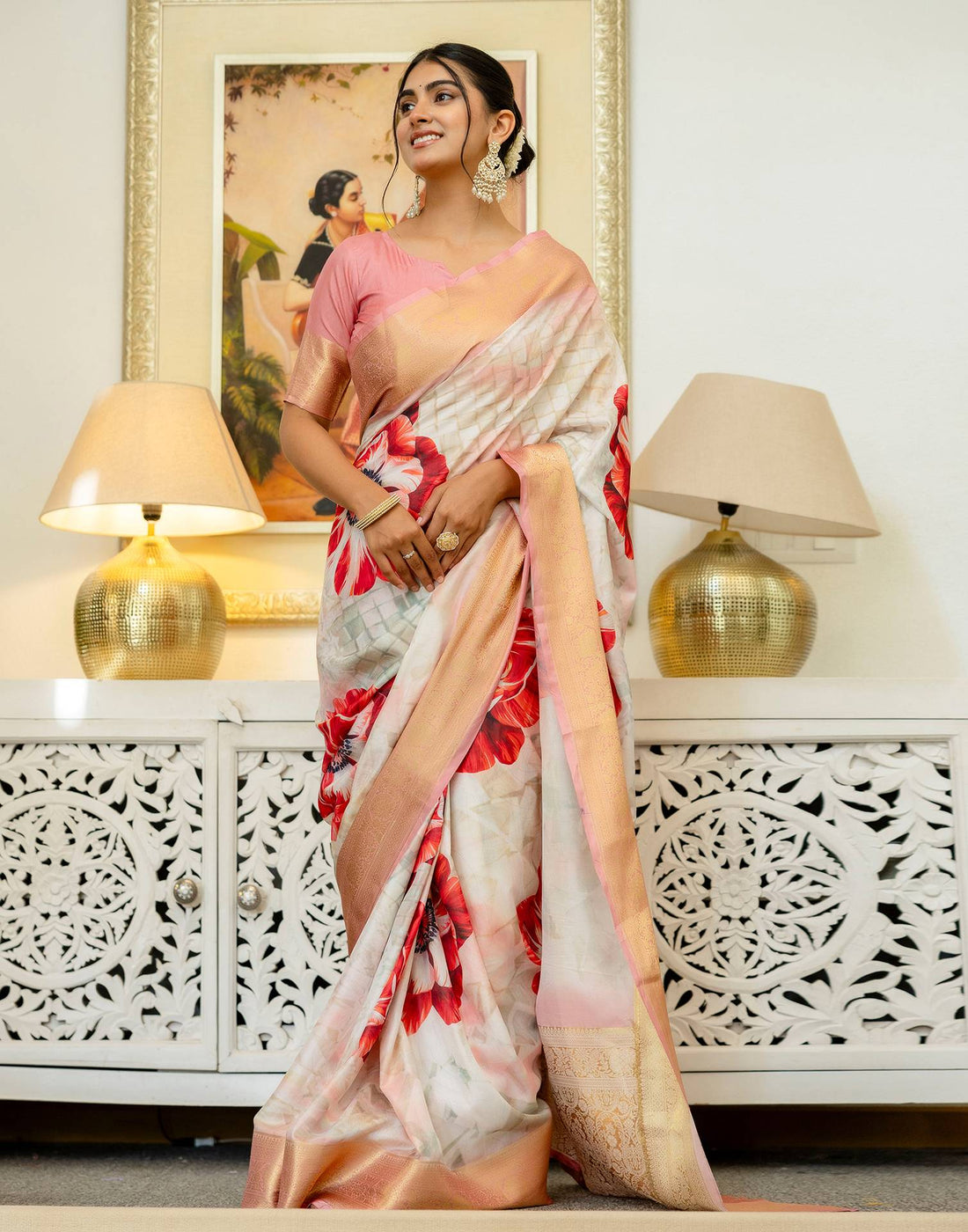 Ready To Wear Off White Silk Printed Saree