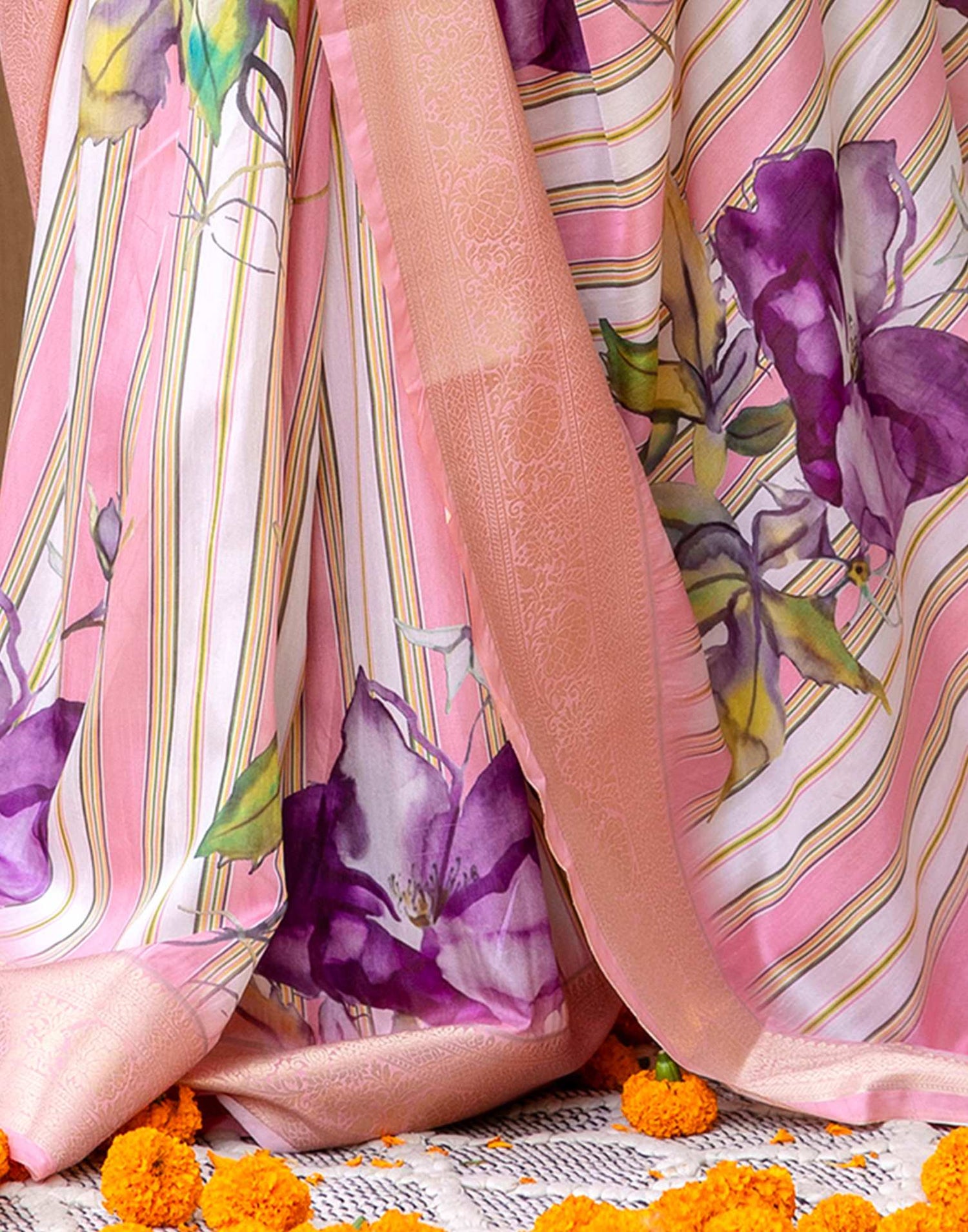 Ready To Wear Pink Silk Printed Saree