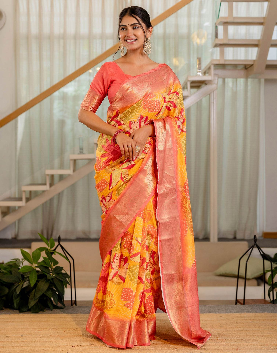 Ready To Wear Yellow Silk Printed Saree