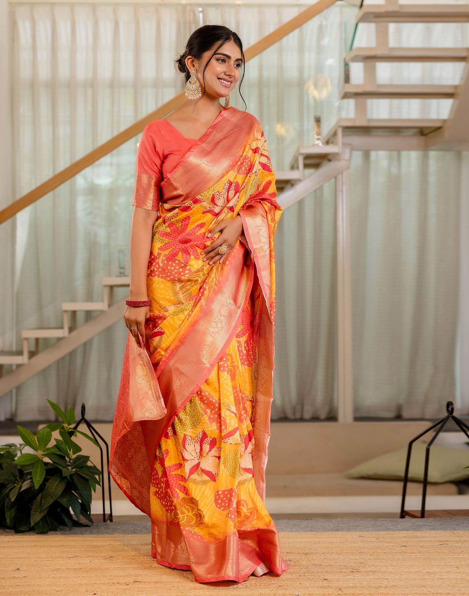 Ready To Wear Yellow Silk Printed Saree