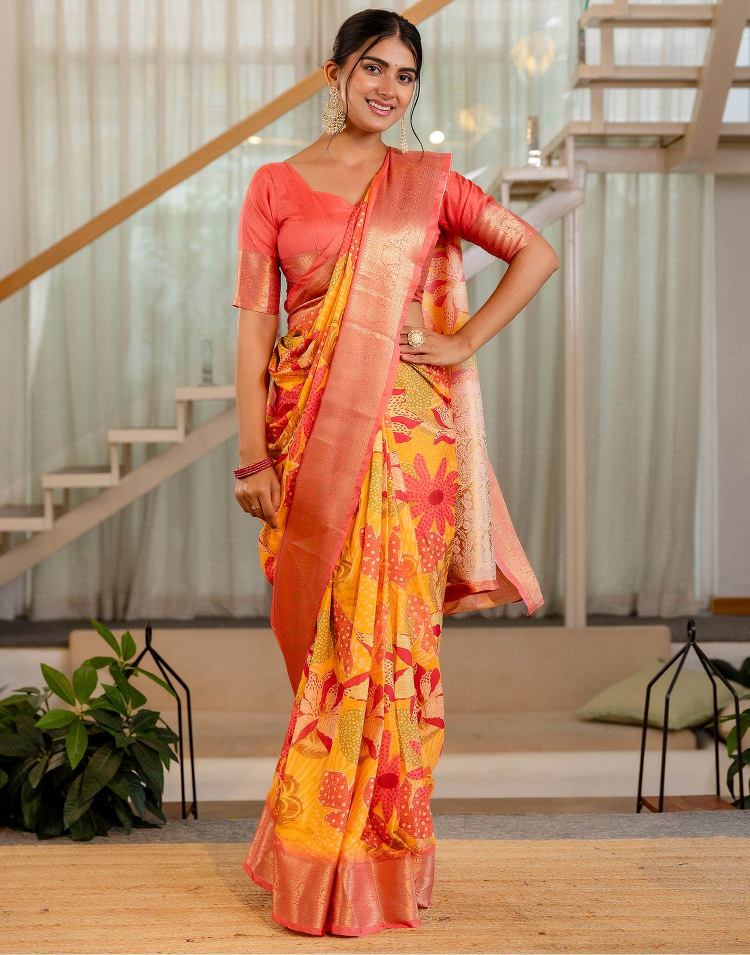 Ready To Wear Yellow Silk Printed Saree