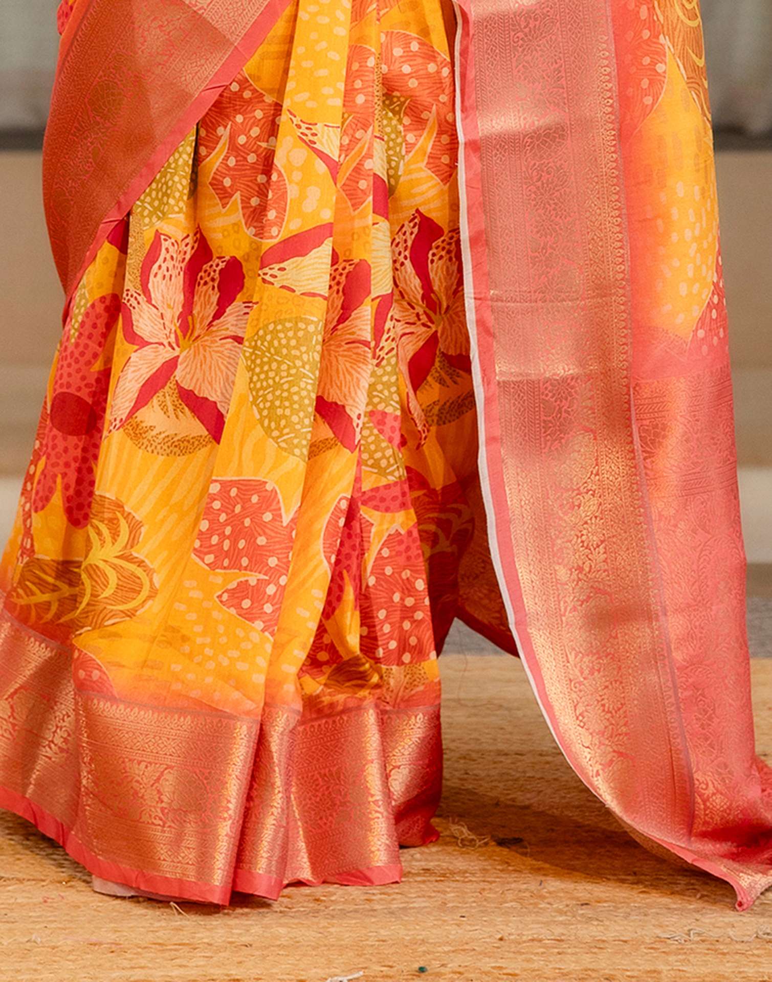 Ready To Wear Yellow Silk Printed Saree