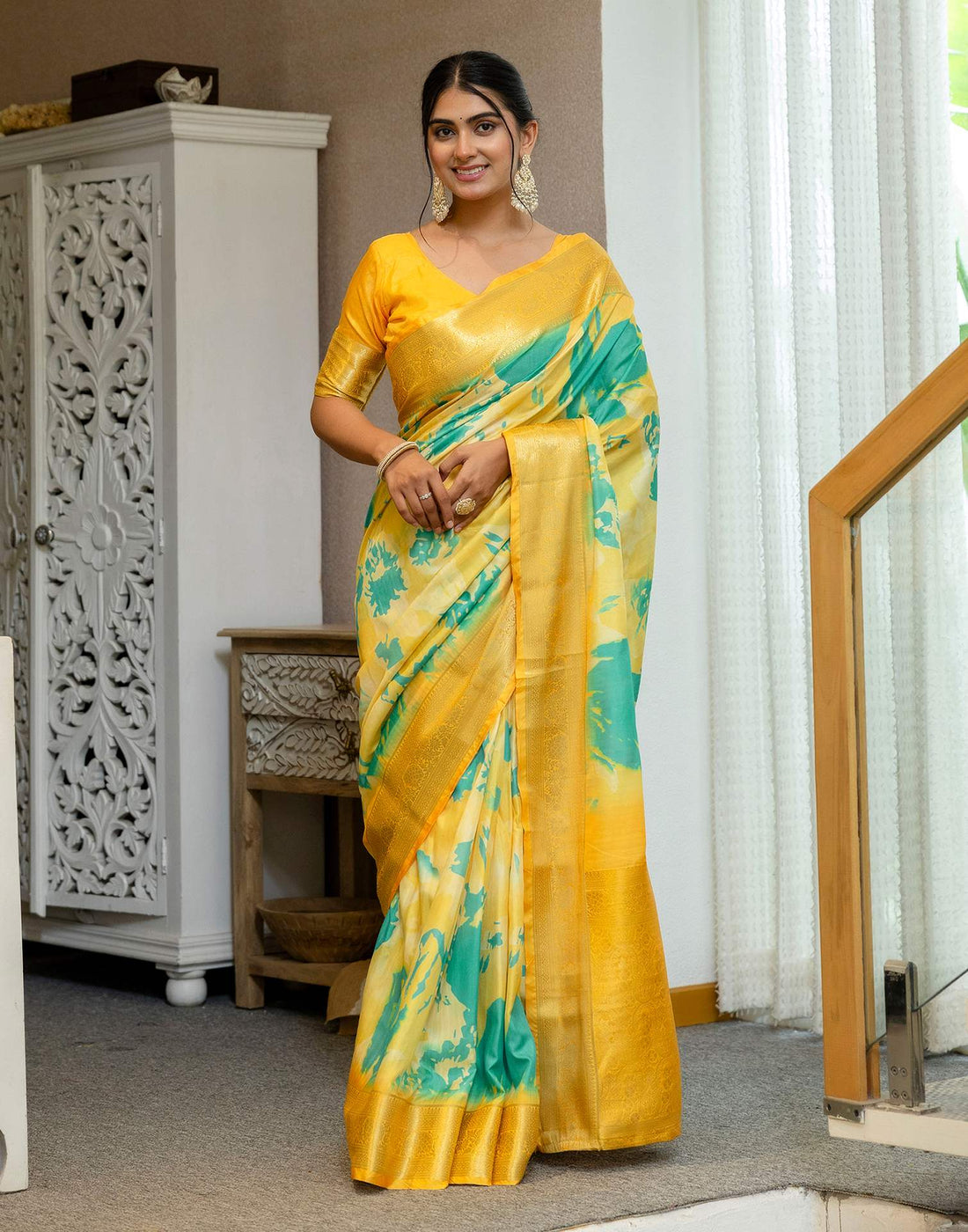Ready To Wear Yellow Silk Printed Saree