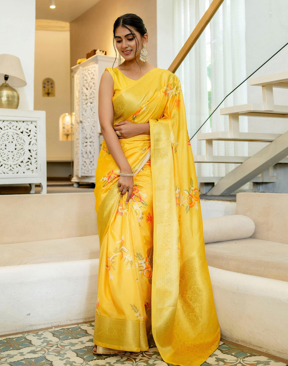 Ready To Wear Yellow Silk Printed Saree