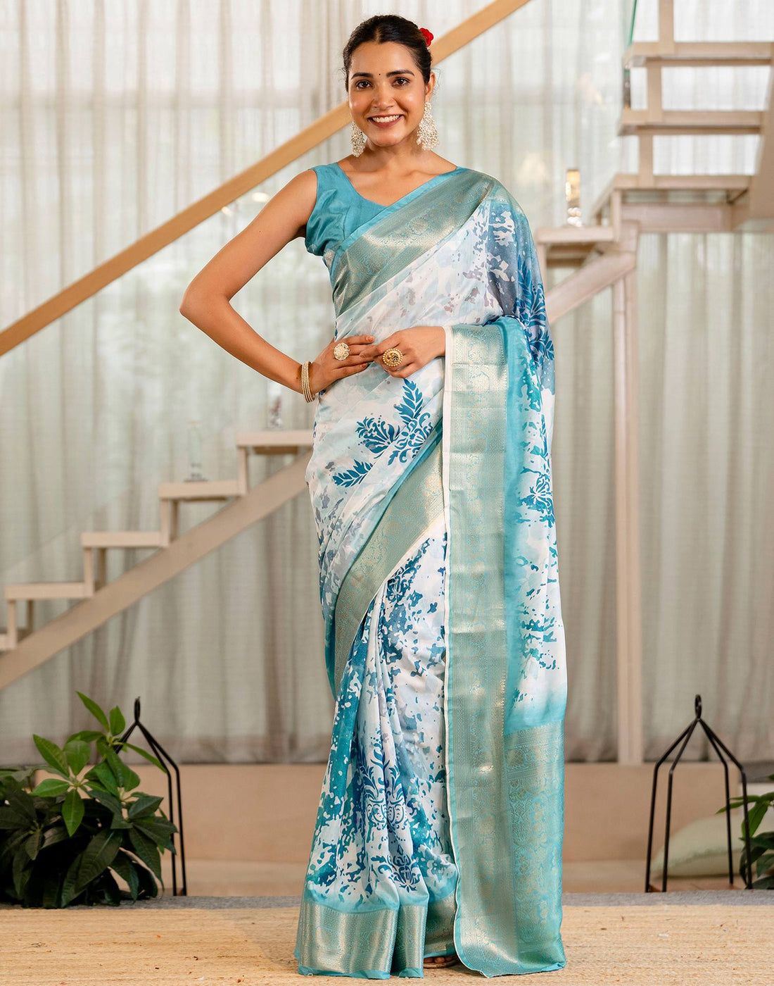 Ready To Wear Sky Blue Silk Printed Saree