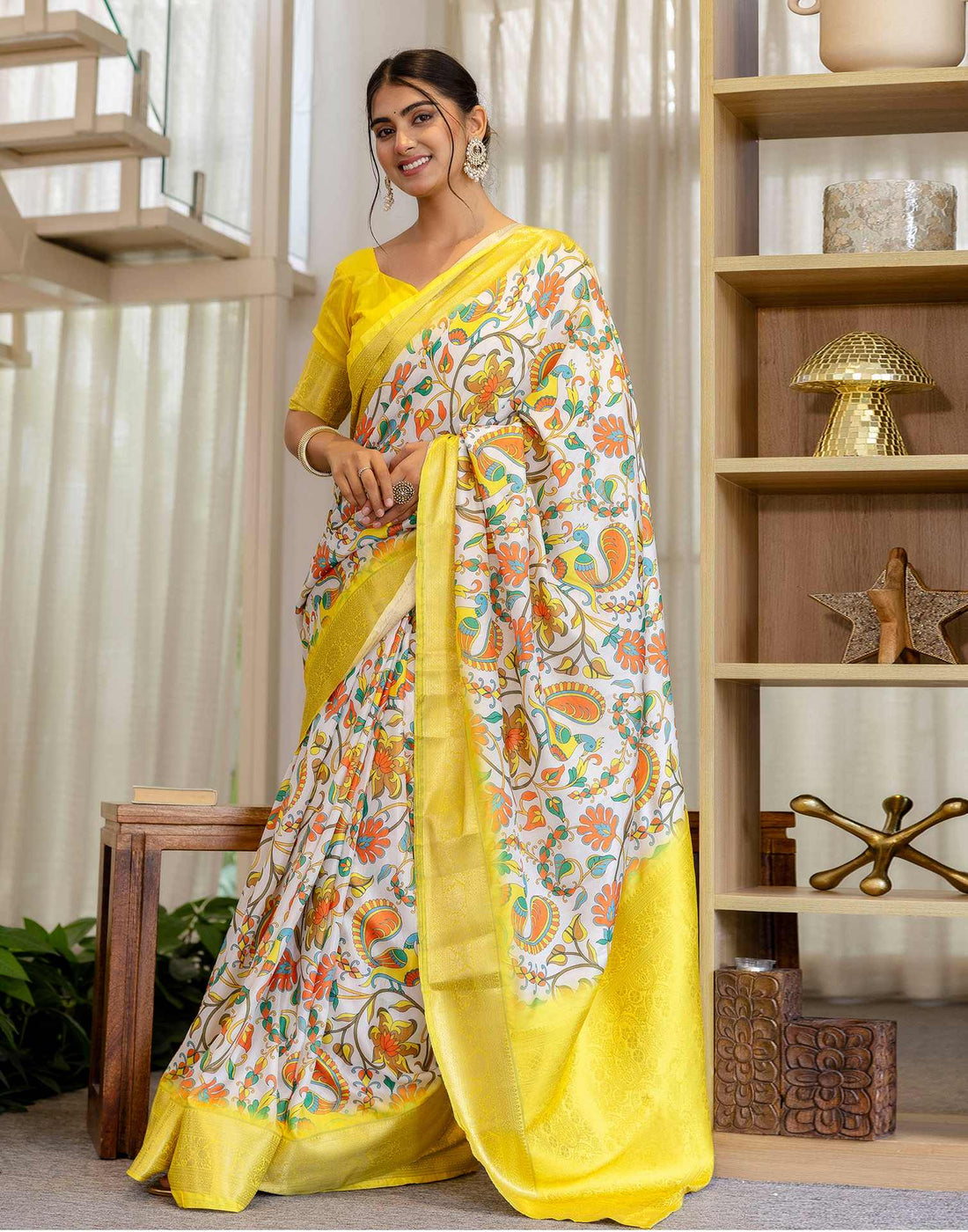 Ready To Wear White Silk Printed Saree