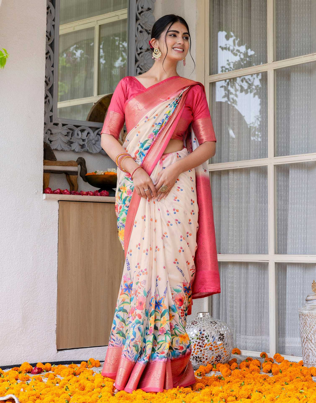 Ready To Wear Cream Silk Printed Saree