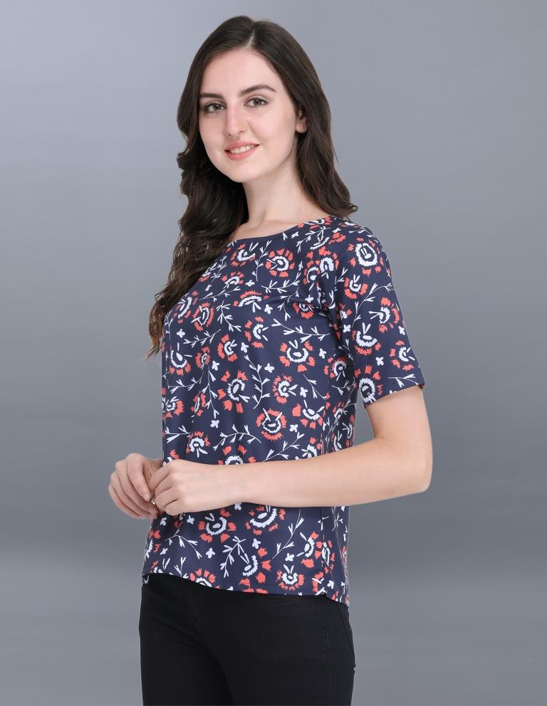 Aesthetic Navy Blue Coloured Printed Crepe Tops | Sudathi