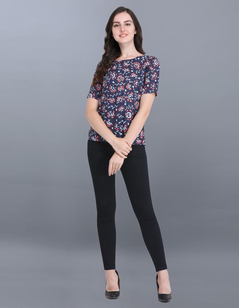 Aesthetic Navy Blue Coloured Printed Crepe Tops | Sudathi
