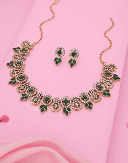 Green Gold Choker Necklace Set With Dangle Earring