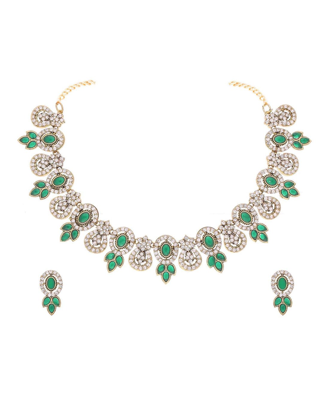 Green Gold Choker Necklace Set With Dangle Earring