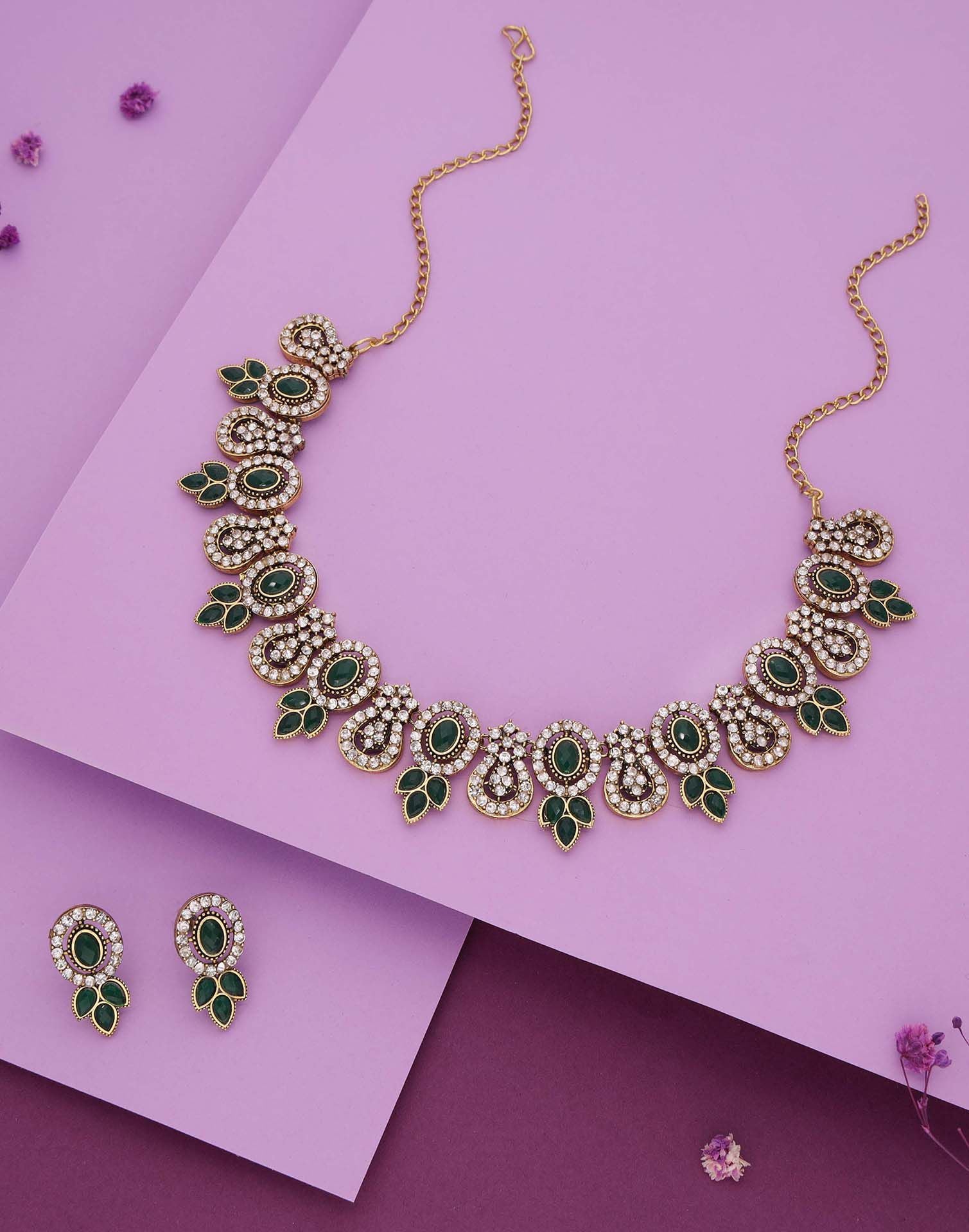 Green Gold Choker Necklace Set With Dangle Earring