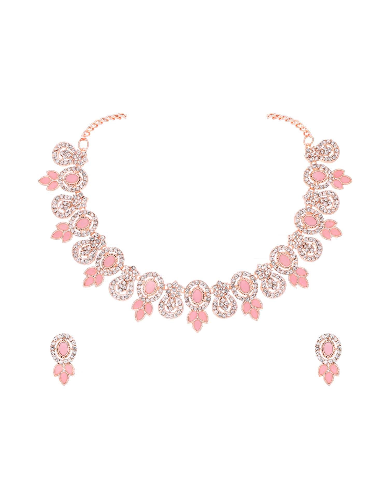 Pink Rose Gold Choker Necklace Set With Dangle Earring