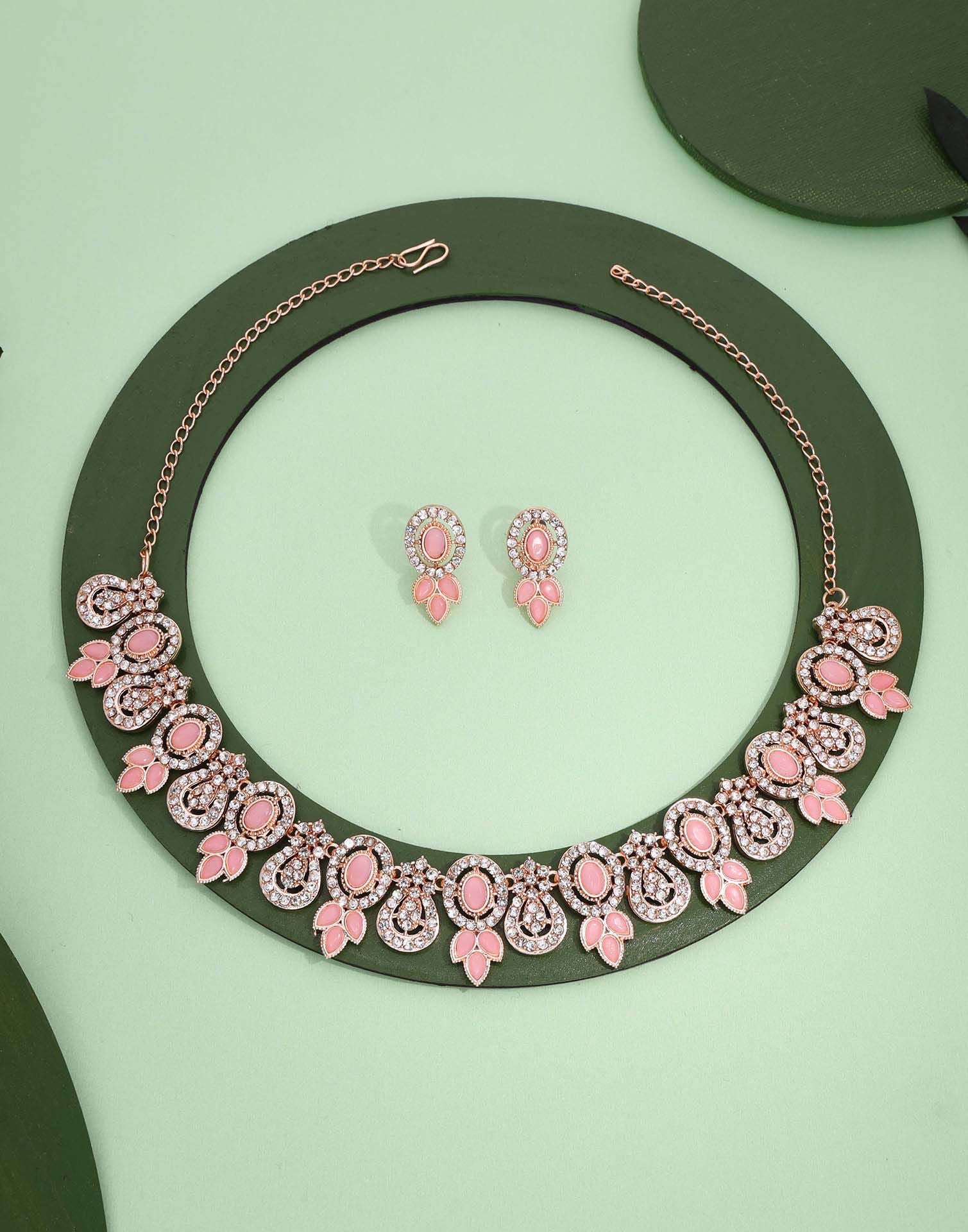 Pink Rose Gold Choker Necklace Set With Dangle Earring