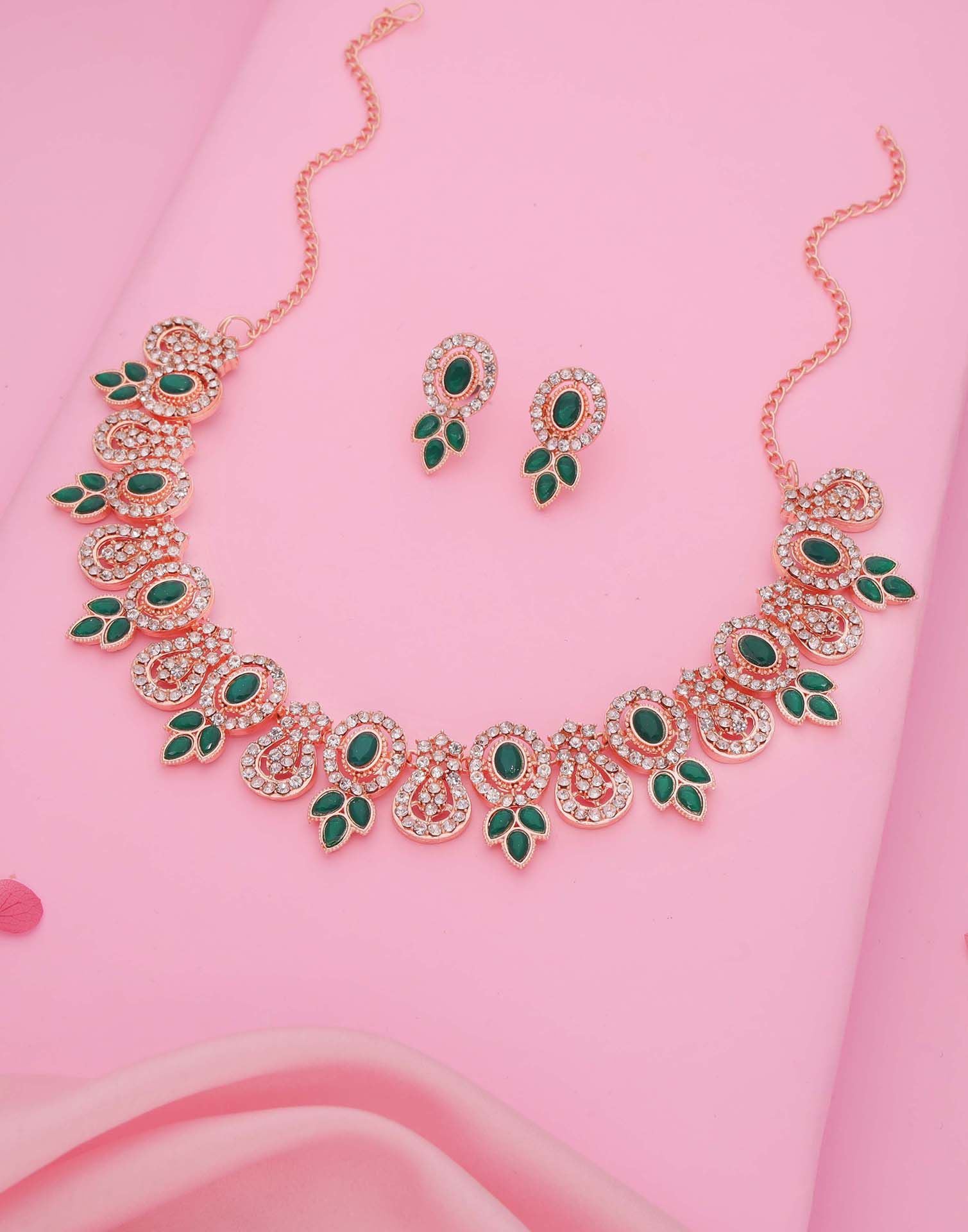 Green Rose Gold Choker Necklace Set With Dangle Earring