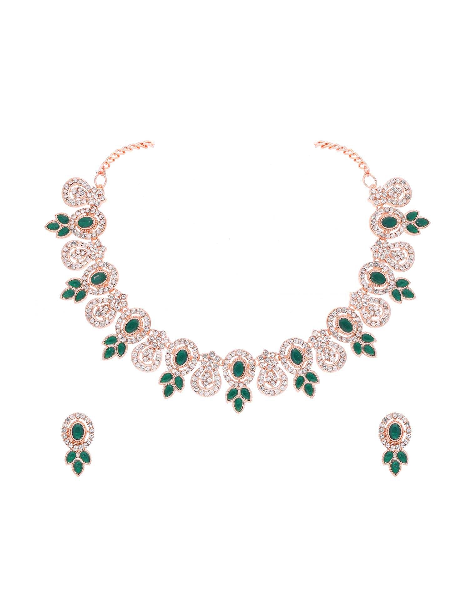 Green Rose Gold Choker Necklace Set With Dangle Earring