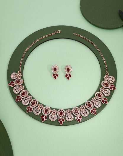 Maroon Rose Gold Choker Necklace Set With Dangle Earring