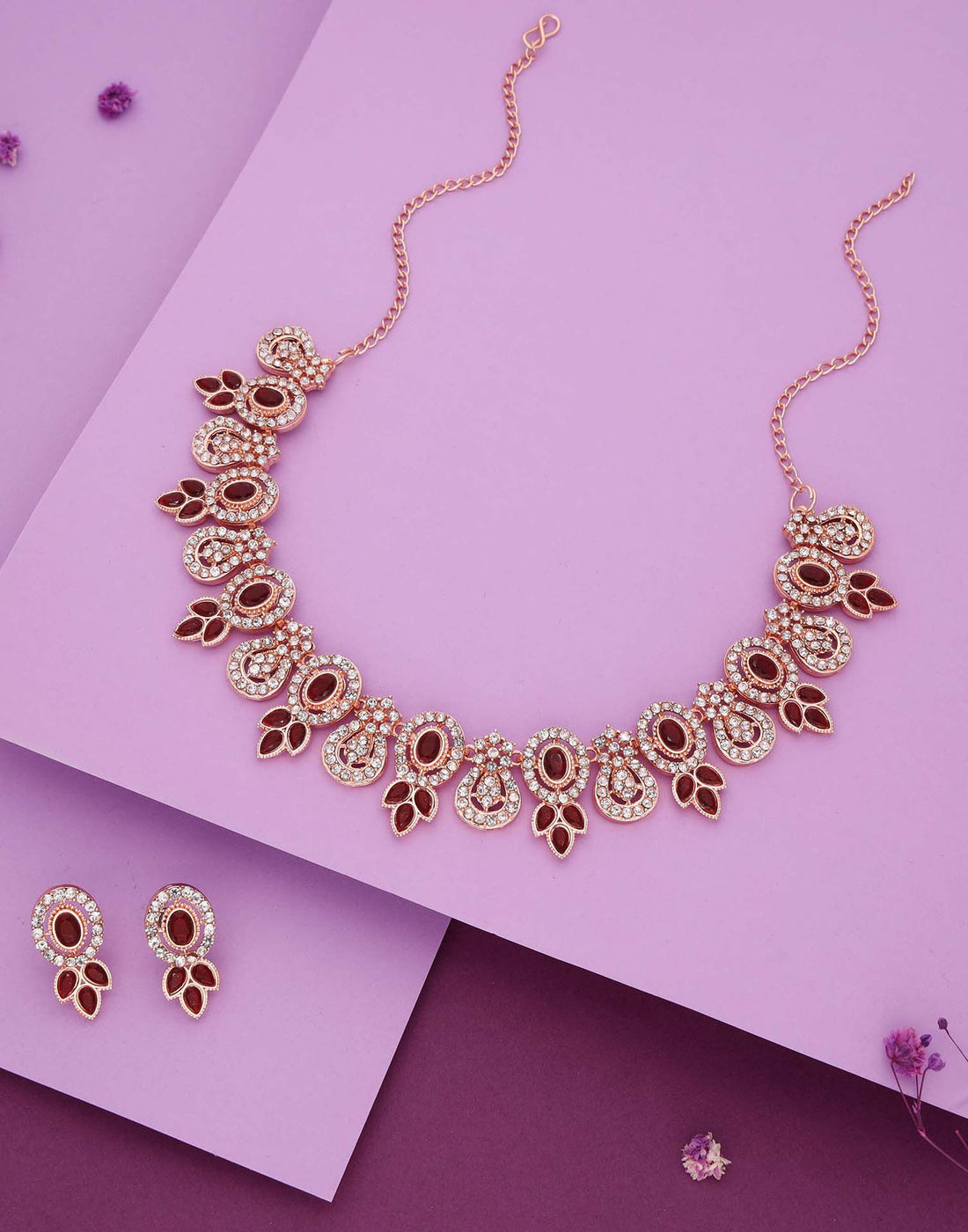 Maroon Rose Gold Choker Necklace Set With Dangle Earring