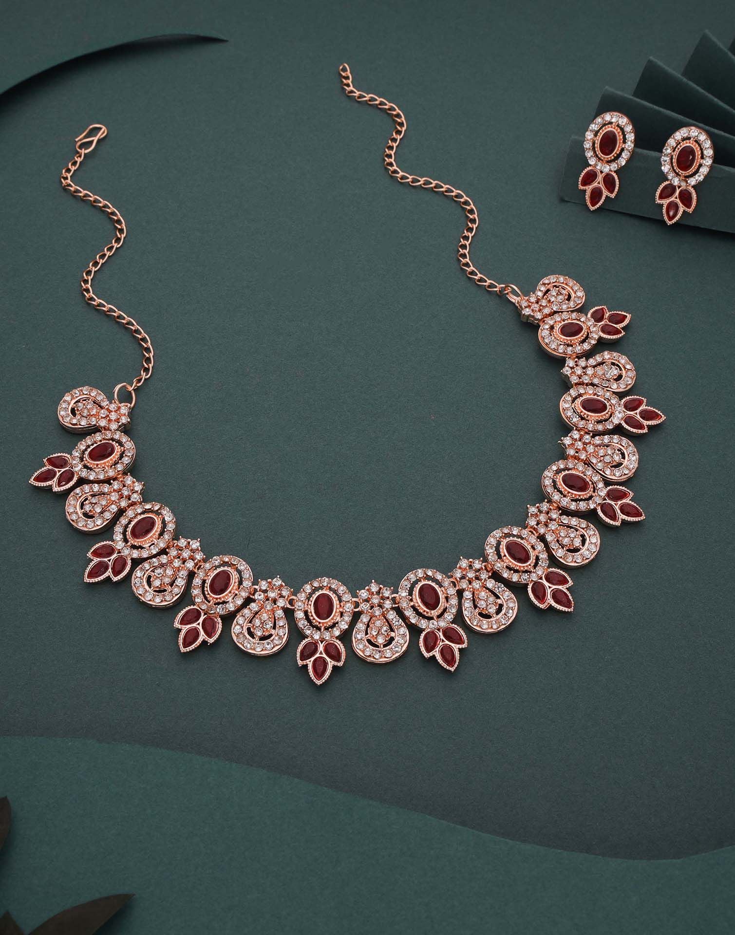 Maroon Rose Gold Choker Necklace Set With Dangle Earring