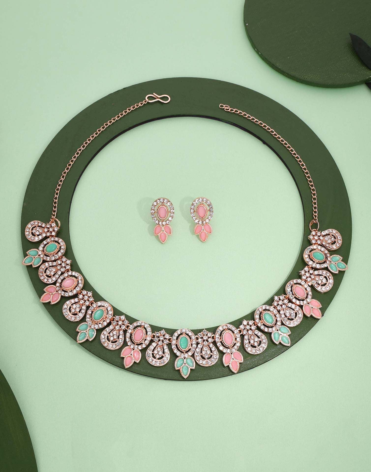 Pink Rose Gold Choker Necklace Set With Dangle Earring