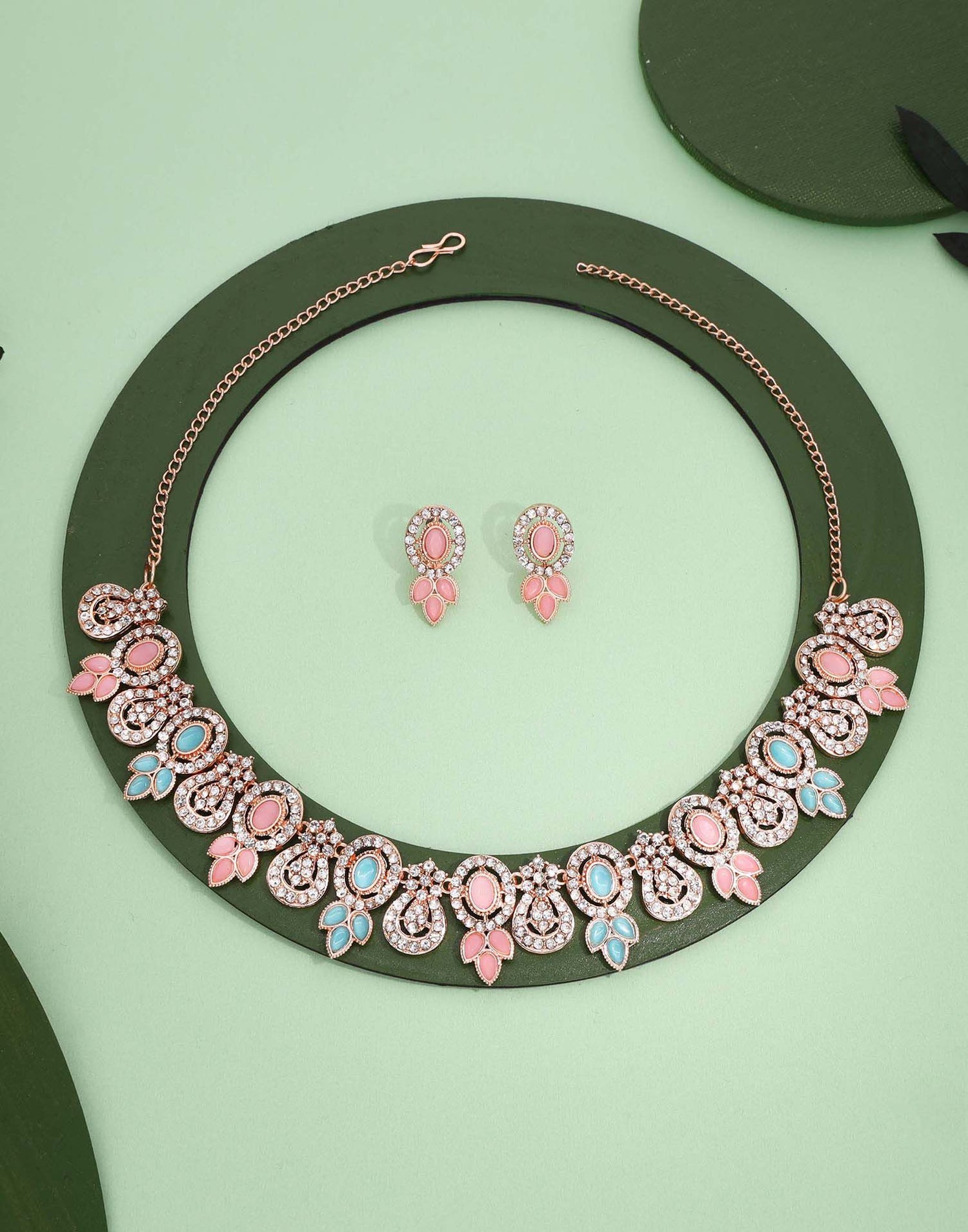 Pink Rose Gold Choker Necklace Set With Dangle Earring