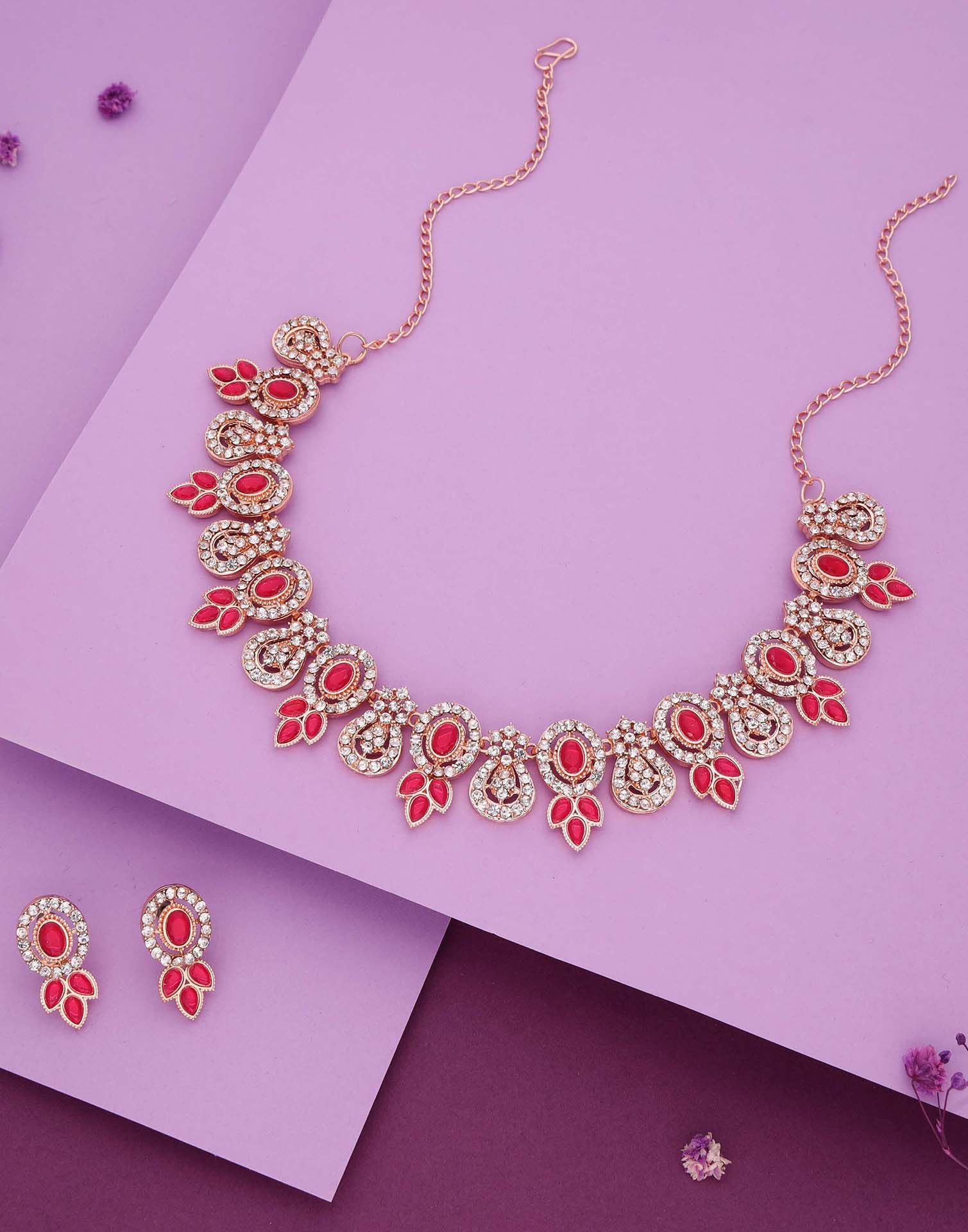 Pink Rose Gold Choker Necklace Set With Dangle Earring