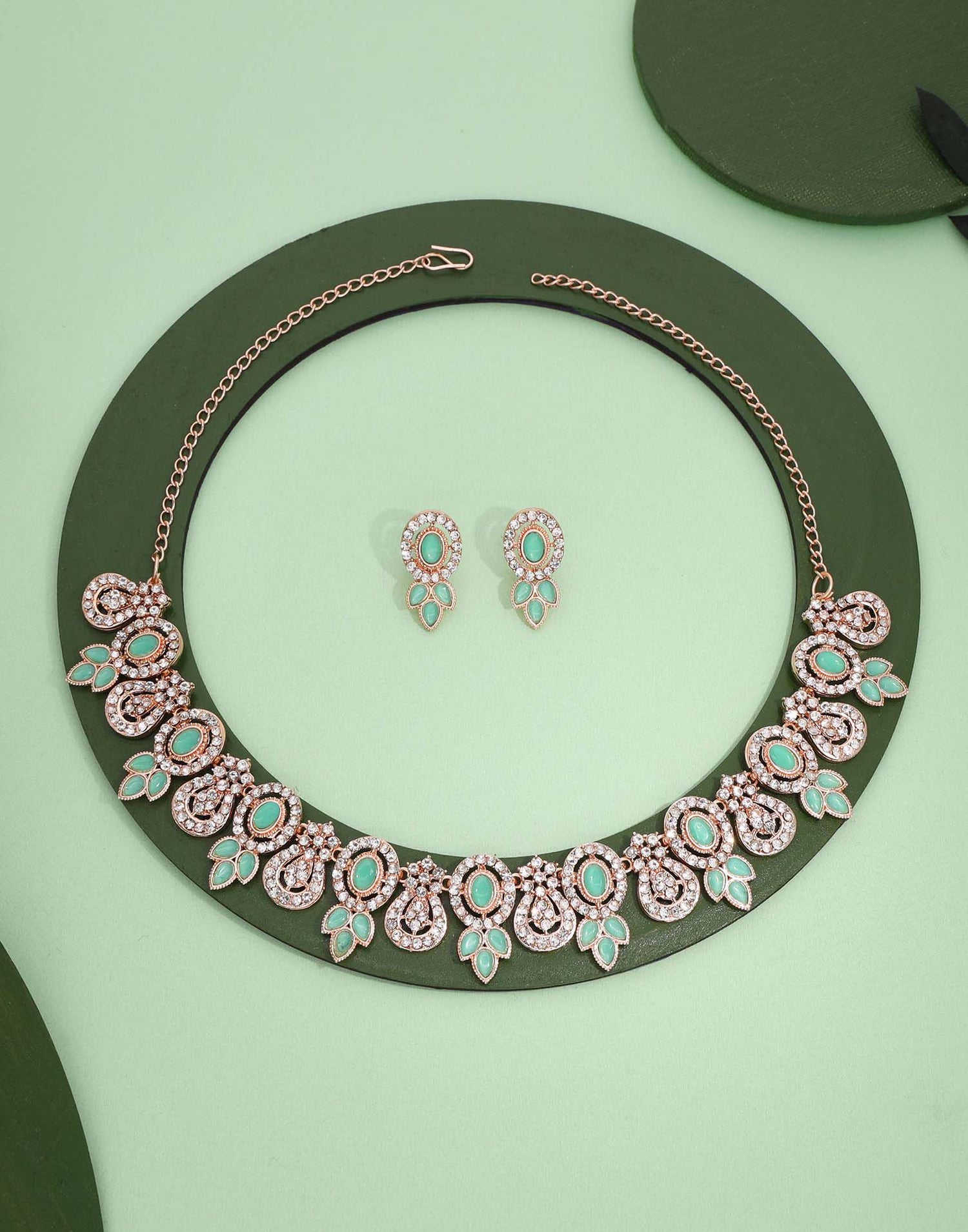 Green Rose Gold Choker Necklace Set With Dangle Earring