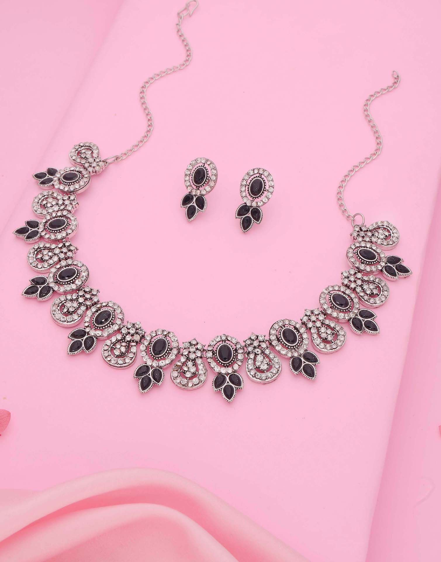 Black Silver Choker Necklace Set With Dangle Earring