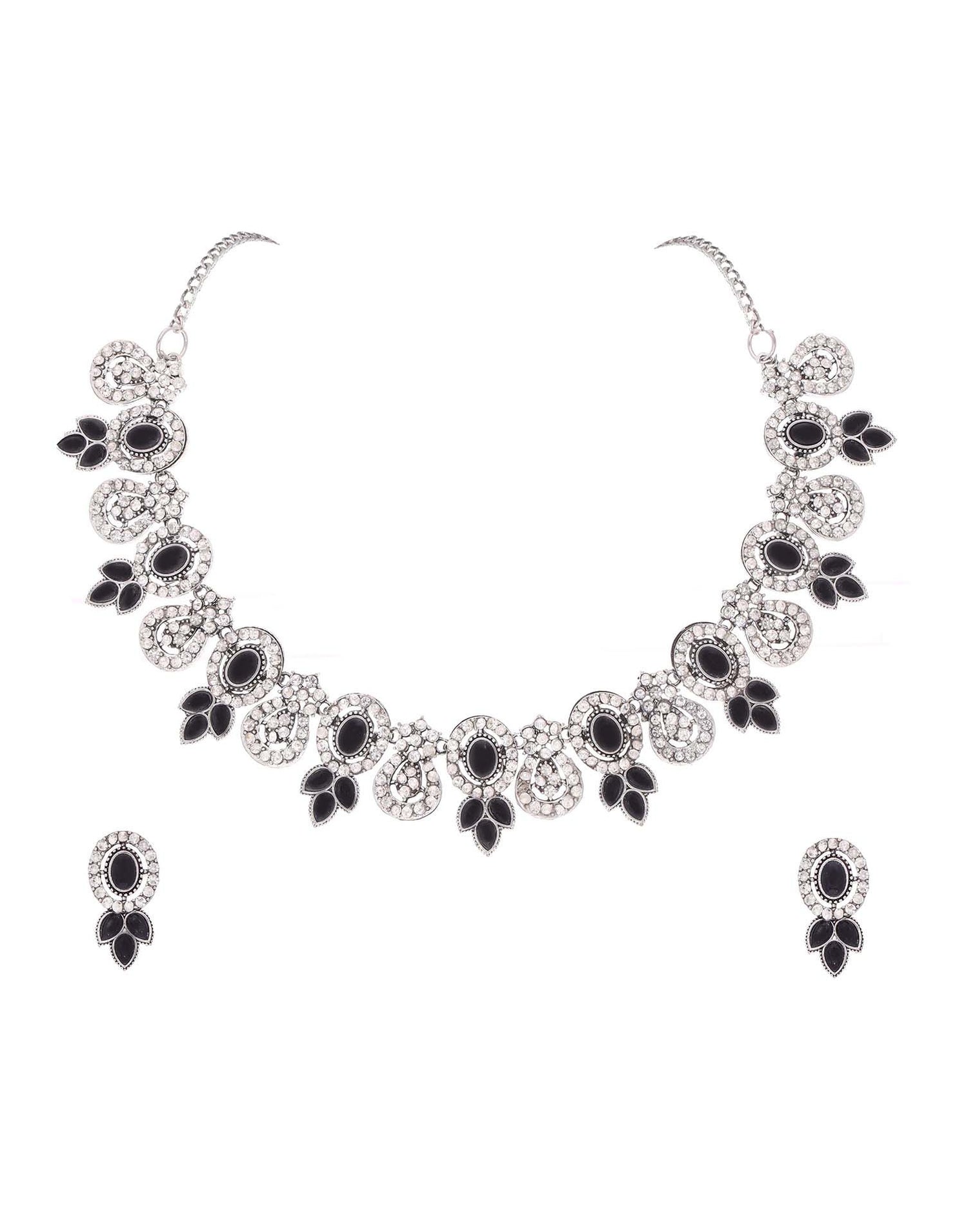 Black Silver Choker Necklace Set With Dangle Earring