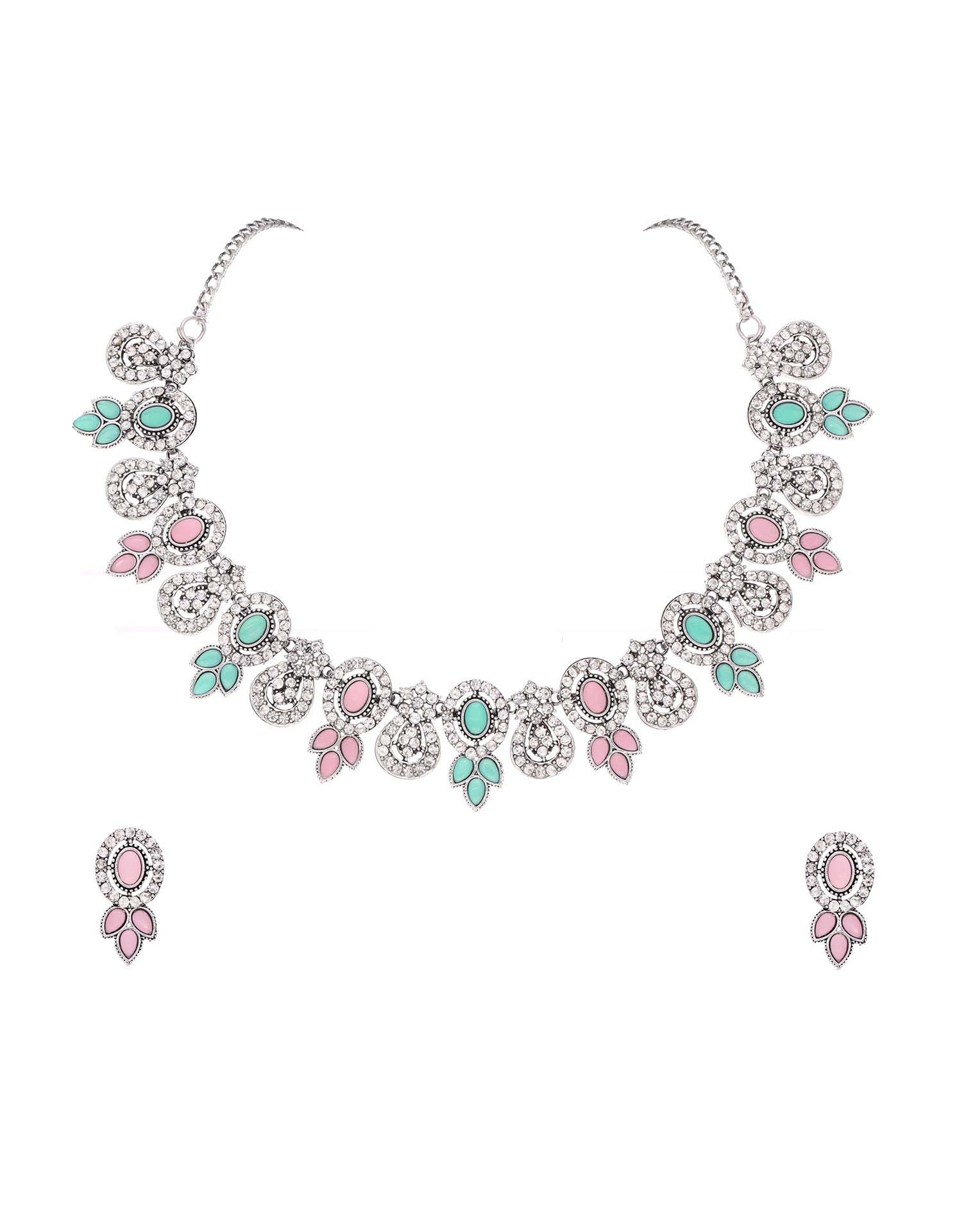 Pink Silver Choker Necklace Set With Dangle Earring