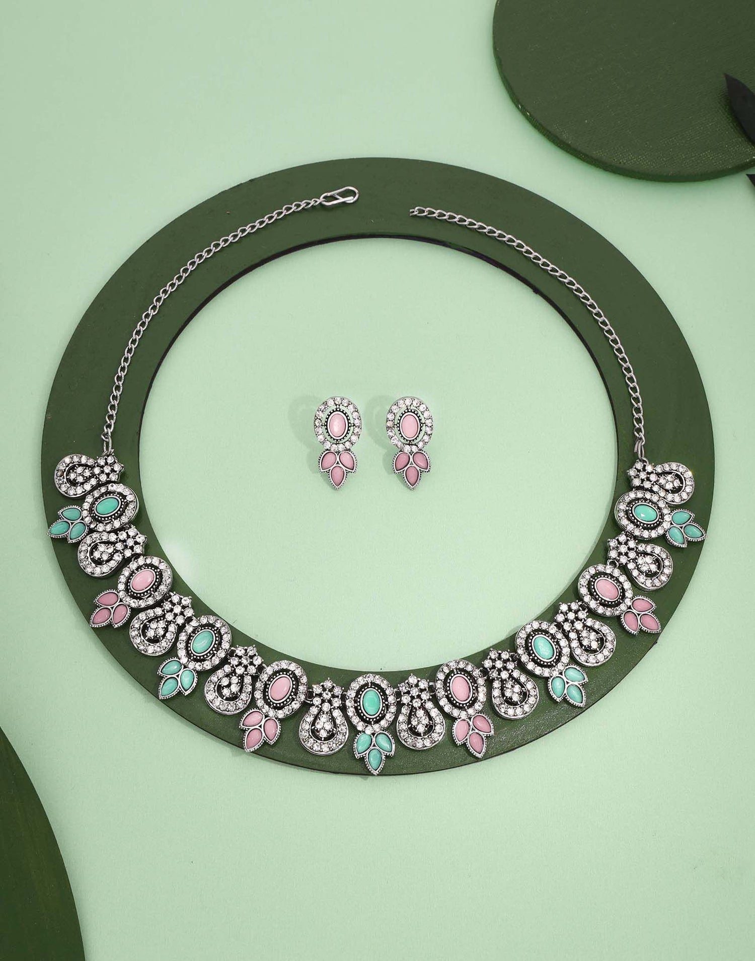 Pink Silver Choker Necklace Set With Dangle Earring