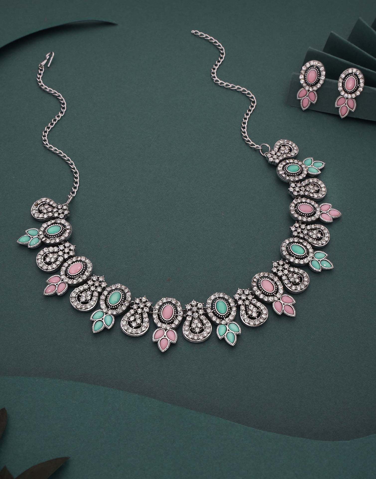 Pink Silver Choker Necklace Set With Dangle Earring