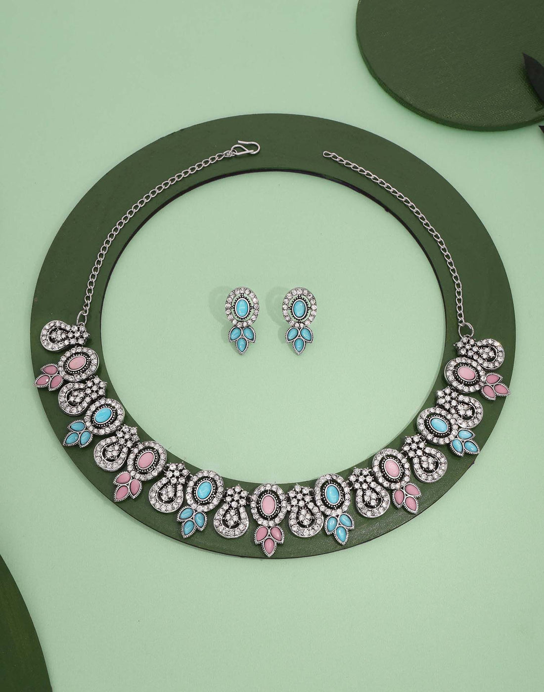 Pink Silver Choker Necklace Set With Dangle Earring