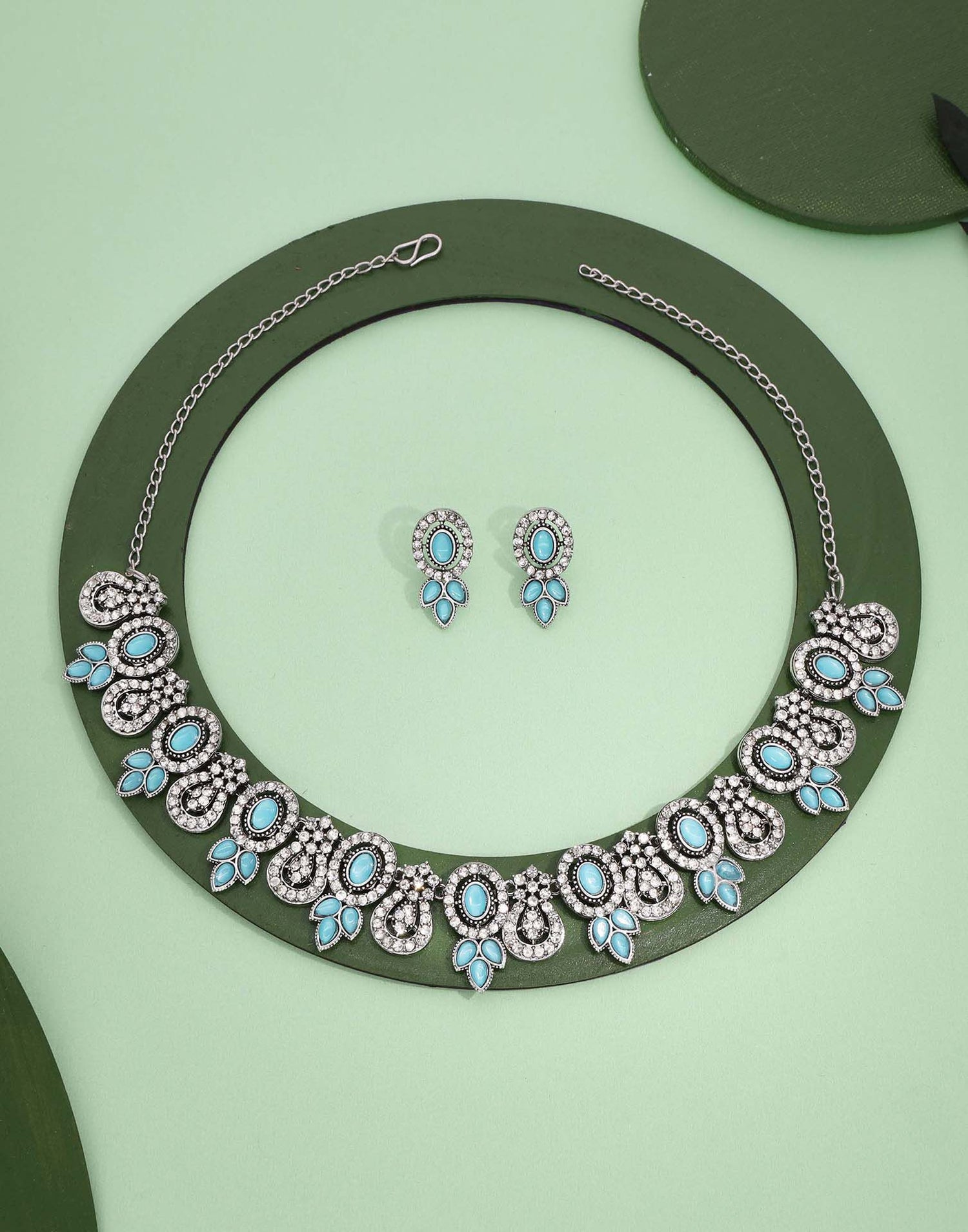 Blue Silver Choker Necklace Set With Dangle Earring