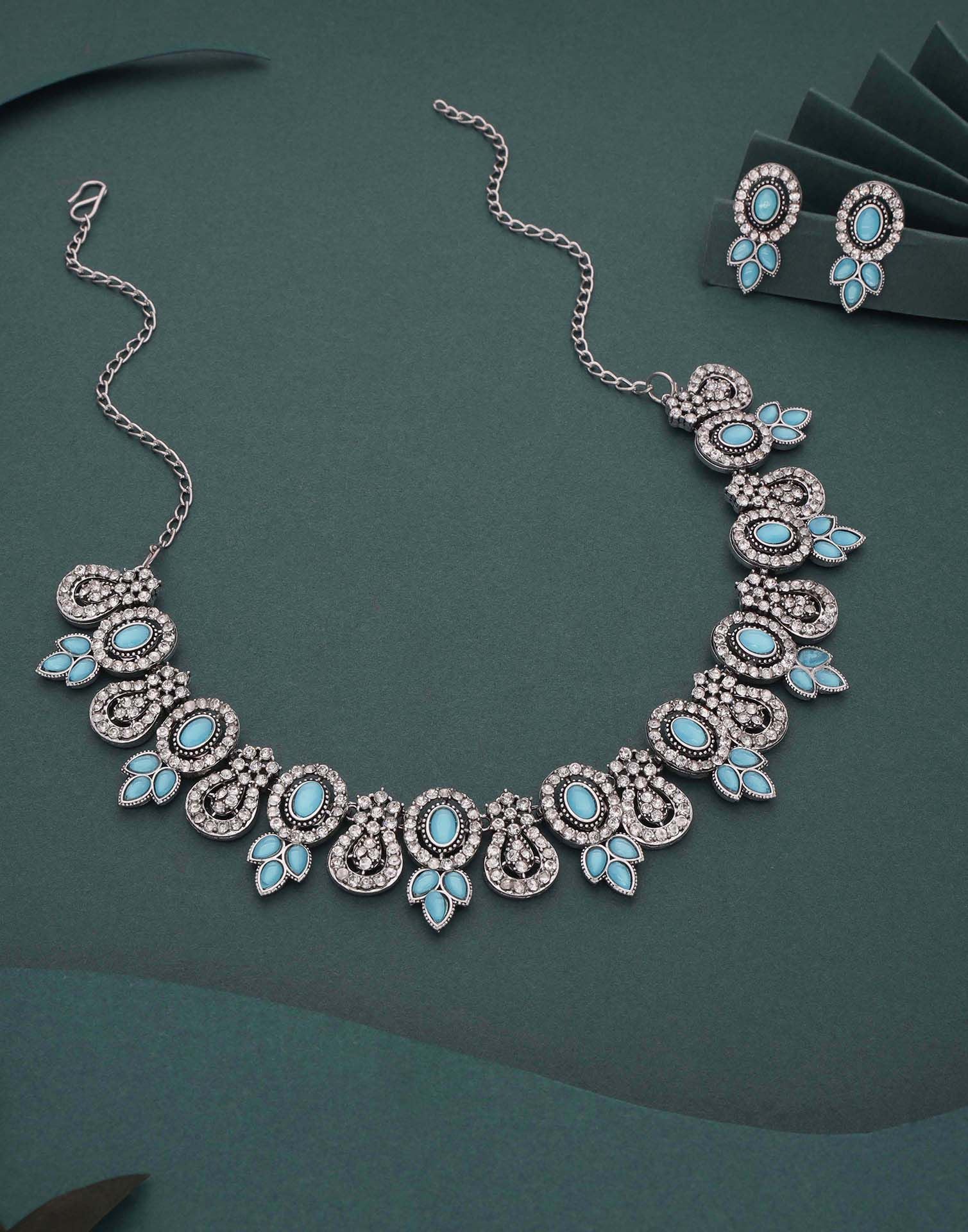 Blue Silver Choker Necklace Set With Dangle Earring